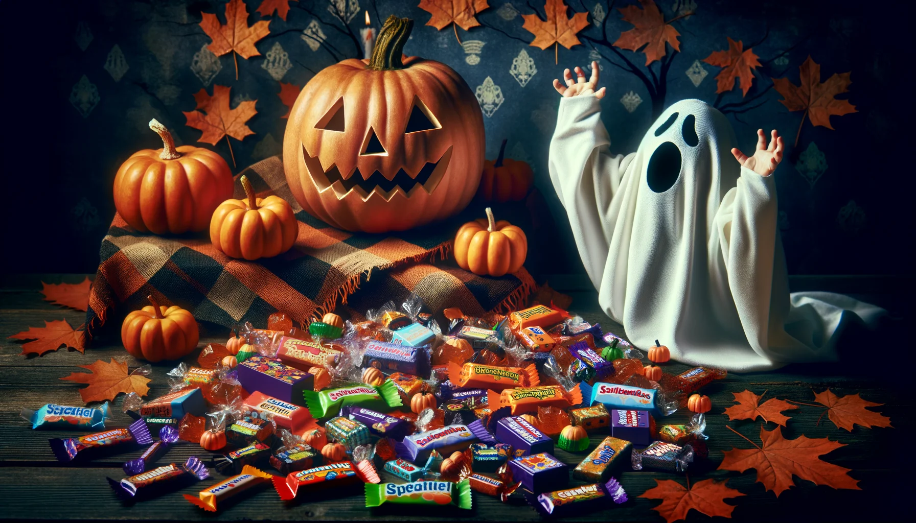 Create an image of a humorous realistic scenario suited for Halloween. Display an array of allergy-safe candies in vibrant wrappers, enticing kids of all age groups. The backdrop should be traditionally spooky with dusky hues and autumn leaves scattered around. A humorous twist could be a carved pumpkin struggling to decide among the myriad of safe candy options available. Maintaining the Halloween spirit, include a child dressed as a friendly ghost celebrating the expansive selection of candies.