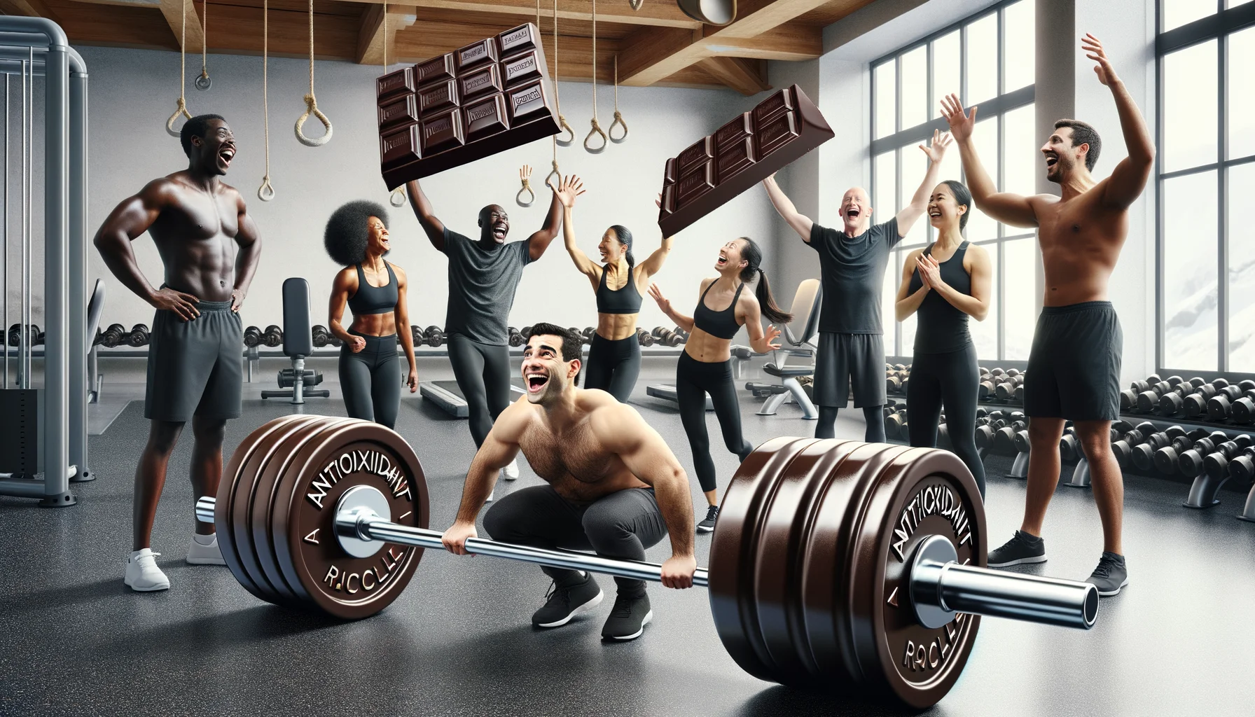 Imagine a scenario with a twist of humor showcasing 'Antioxidant-Rich Dark Chocolate Bars'. It takes place in a health and fitness gym. On the foreground, there is a barbell replaced by two large-sized Dark Chocolate bars on each end that look as realistic as possible. Around it, there are gym enthusiasts of different descents: black, caucasian, and Asian, each with different gender male, female, respectively, laughing and trying to lift it. Their expressions illustrate surprise and amusement seeing antioxidant dark chocolate bars used as gym equipment.