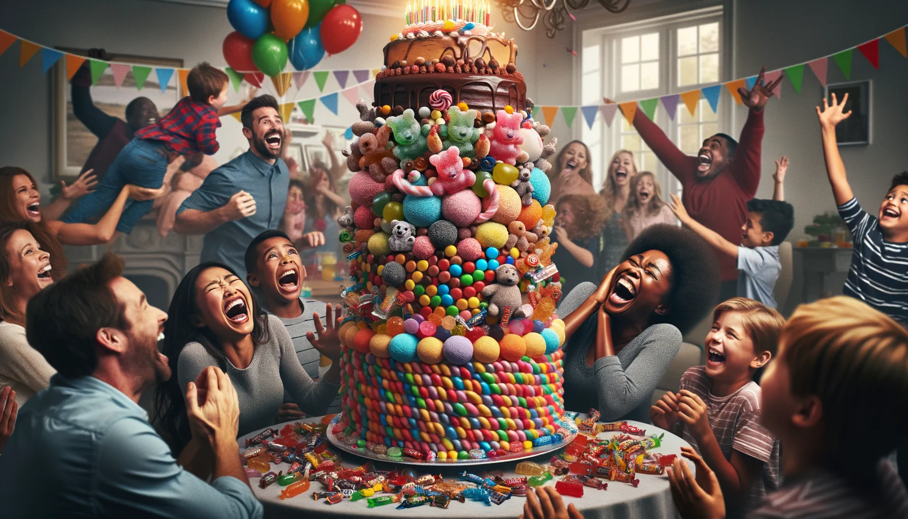 Picture a hilarious situation taking place at a birthday party. The centerpiece of this pandemonium is a gigantic, somewhat ludicrous, multi-layer birthday cake standing tall. It is adorned with far too many colorful sugary candies, ranging from gummy bears to lollipops, causing it to tilt precariously. Laughter echoes throughout the room filled with a diverse group of party-goers. A petite South Asian woman laughs heartily as she tries to steady the cake, while a tall Black man chuckles, nervously anticipating the cake's potential downfall. In the background, children of various descents are gleefully engaged in a frenzied hunt for more candy, their joy heightened by the absurdity of the situation.