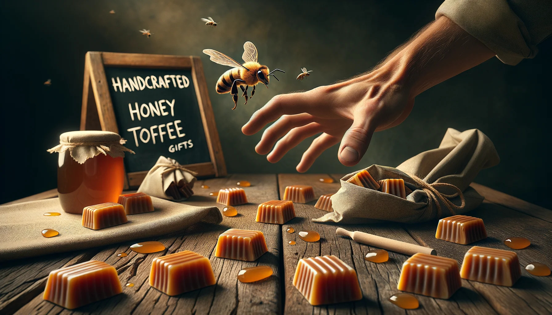 Imagine a humorous and realistic situation that perfectly highlights Handcrafted Honey Toffee Gifts. Picture a rustic wooden table, strewn with toffee wrappers, amber-colored honey toffee pieces gleaming under warm lighting. A masculine hand, possibly of Caucasian descent, is reaching out to grab a piece of toffee, but a bee, attracted by the honey, buzzes across the frame, momentarily distracting him. There's a chalkboard sign at the corner with 'Handcrafted Honey Toffee' written in elegant, cursive script. The image has a pleasant, earthy color palette, conveying a sense of warmth and homeliness.