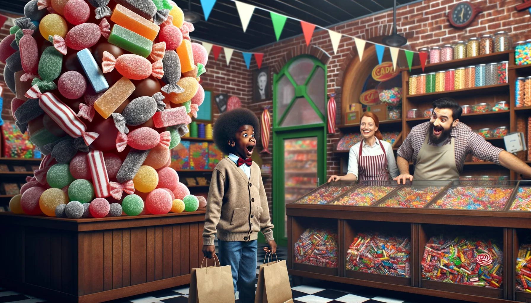 Create a humorous image of a perfect scenario involving 'Hard Candy'. Visualize a vibrant candy shop with shelves stacked with an assortment of hard candies of all sizes, shapes and colors. In the center of the shop stands a giant, extremely detailed, realistic hard candy sculpture, much to the surprise of an African-American child who just walked in. He's holding a candy paper bag in one hand, eyes wide and mouth open in awe, looking at the sculpture. The shop owners, a Caucasian female and a Hispanic male, are chuckling behind their counter, enjoying the astonished reaction.