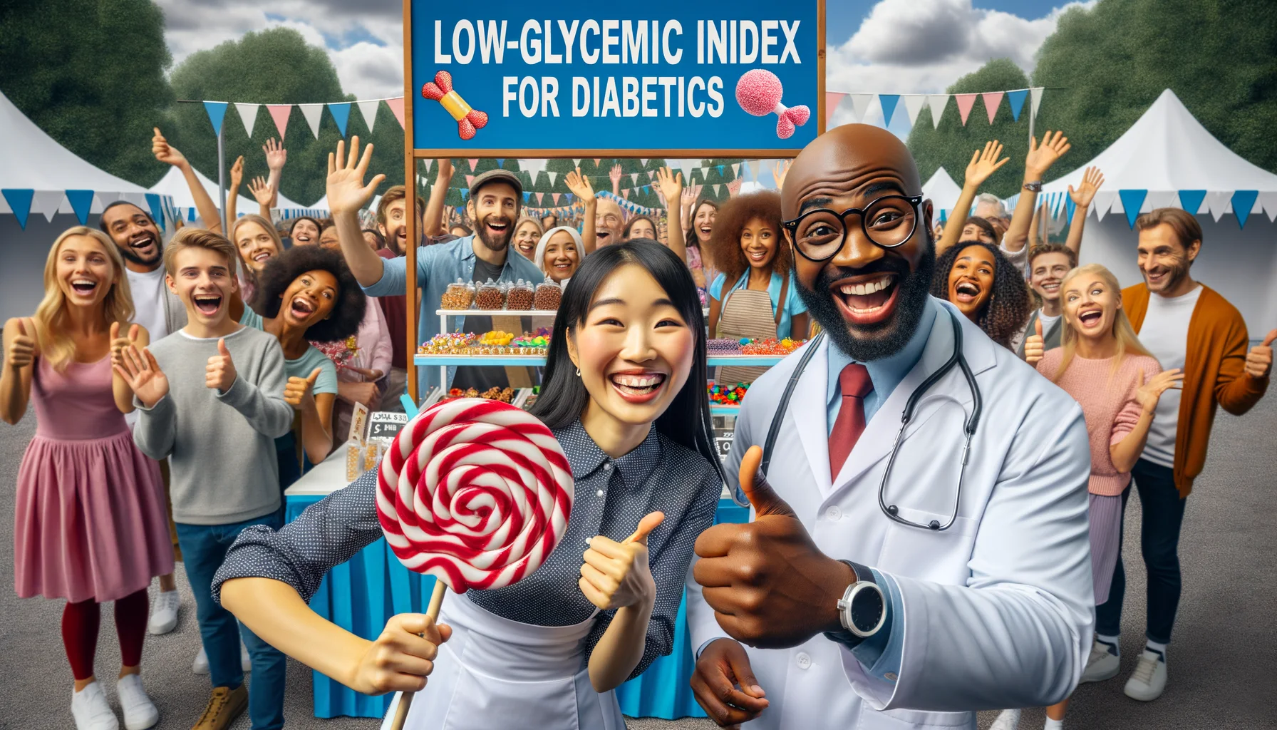 Create a comical, realistic scene of an outdoor health fair in full swing. Excited crowd of diverse ethnicities and genders is gathered around a brightly decorated stall labeled 'Low-Glycemic Index Sweets for Diabetics'. The Asian female stall owner, with a radiant smile, is presenting an enormous, fancy, sugar-free lollipop, cause of much amusement. To her side, a Black male nutritionist, wearing glasses and a lab coat, is giving thumbs up, having a hearty laugh. Sense of lightness, humor, and delight should permeate the scene while still maintaining the seriousness of the health topic.