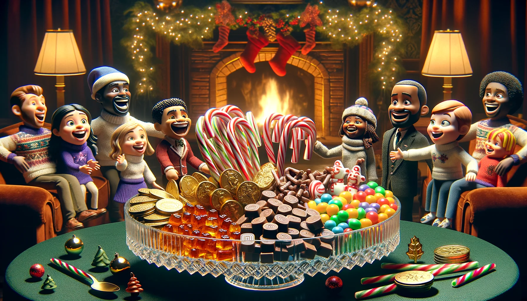 Create a hilariously realistic image that portrays a variety of candies organized meticulously for a New Year's celebration. Candy canes, chocolate coins, taffy, gummy bears, and licorice are all represented, each with its own designated spot on a fancy crystal platter. The setting is a cozy living room draped in festive decorations, a warm fireplace blazing in the back, illuminating the scene with a soft, inviting glow. A smallish group of animated friends, a Caucasian woman, a Middle-Eastern man, and a Black child are laughing heartily as they reach for their favorite candies, obviously enjoying the celebration and the treats.
