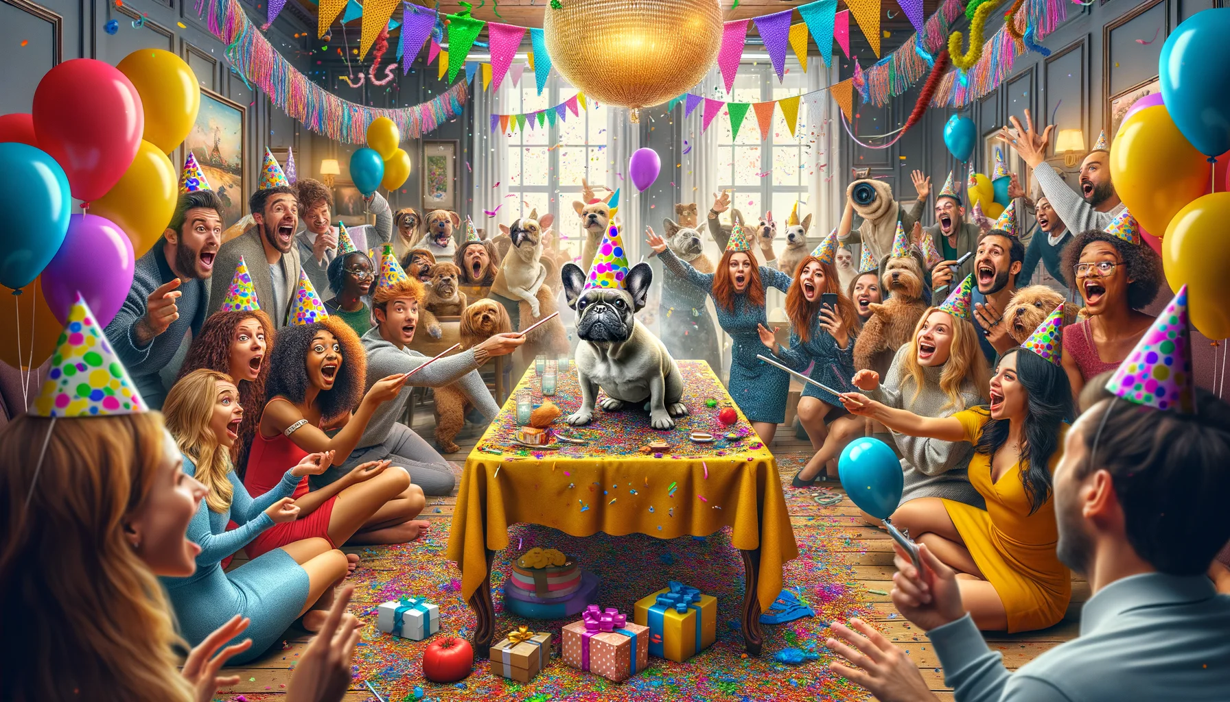 Imagine a hilariously funny scene that captures the spirit of a party. A brightly decorated room bursts with confetti, streamers, and balloons. In the center, a large table is filled with an array of party favors. There's an amusing mix-up where a curious French Bulldog, wearing a party hat, has climbed onto the table and is sniffing at a party blower thinking it's a treat. Around the room, captivated party-goers of diverse descents and genders wear amusing facial expressions, pointing and laughing at the adorable and humorous situation.