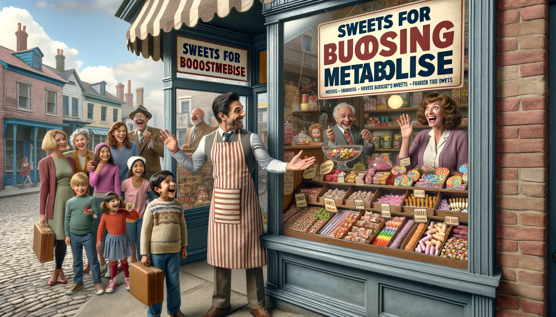 Imagine an amusing and realistic scenario of a quaint candy shop in a small town. The shop's display window holds a colorful variety of sweets and has a sign titled 'Sweets for Boosting Metabolism'. A pleasantly surprised customer, a middle-aged Hispanic woman in casual attire, is looking at the sweets with wide eyes and an open mouth. Beside her, a Caucasian male shopkeeper in an old-fashioned candy-striped apron is cheerfully gesturing towards the sweets. Across the shop, a group of children, diverse in race, are beaming with joy and anticipation, their hands are full of metabolism-boosting sweets.