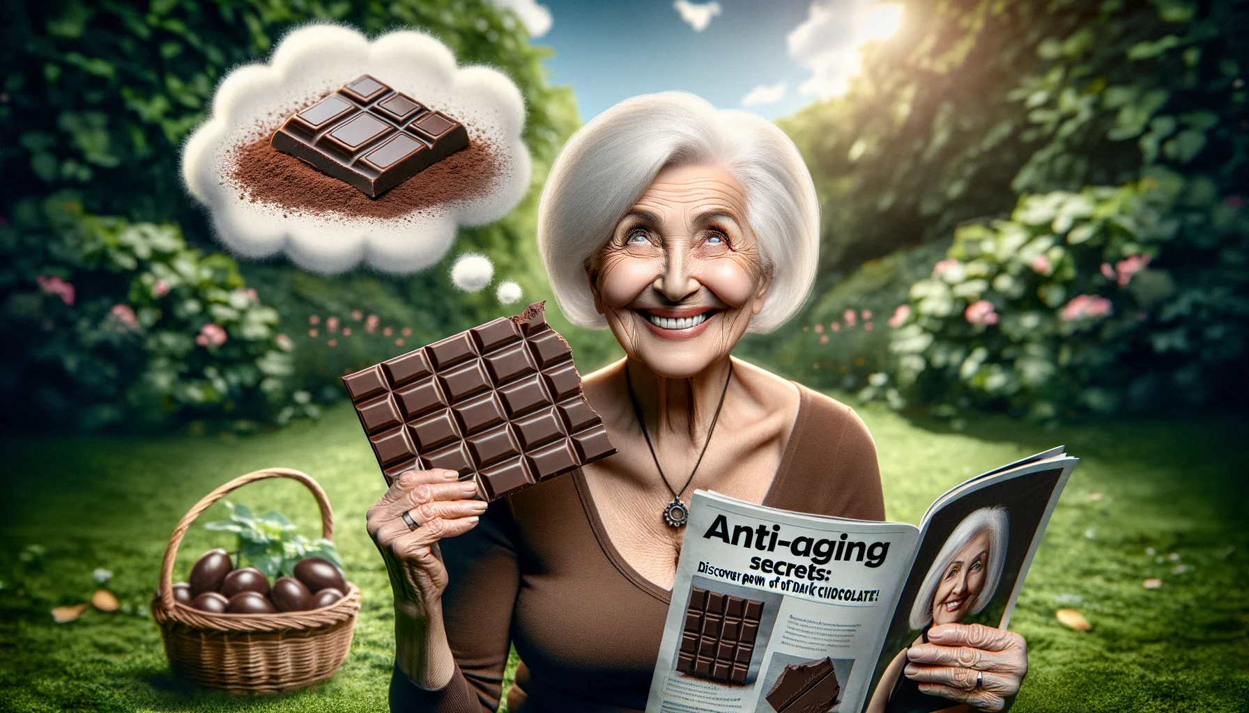 Create a humorous and realistic image, referring to the anti-aging benefits of dark chocolate. Imagine a smiling elderly Caucasian woman with robust health, sitting in a lush green garden. She holds a large piece of decadent dark chocolate in one hand and with the other, she's showing off a radiant and youthful looking skin. Lying next to her, an open magazine shows a headline that reads, 'Anti-aging secrets: Discover the power of dark chocolate!'. A thought bubble, indicating connection between her youthful appearance and dark chocolate, floats above her head.