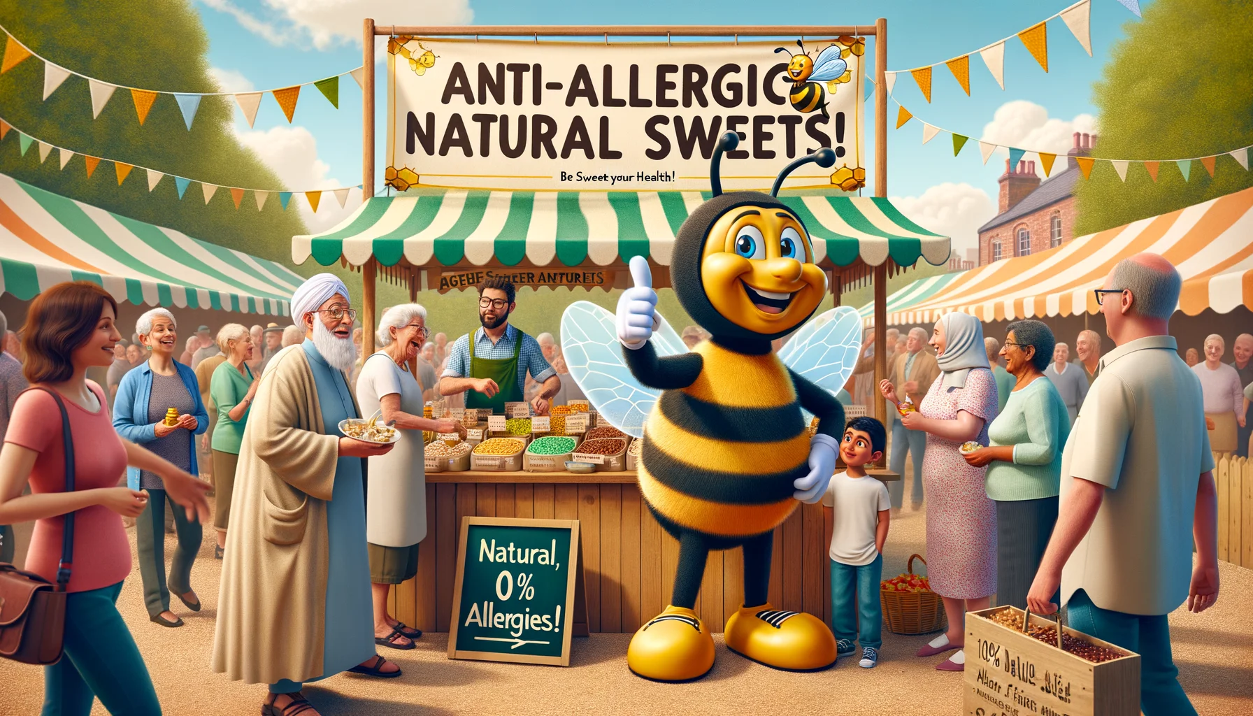 Imagine a humorous and lifelike scene taking place at an open-air farmer's market on a bright sunny day. A stall dedicated to 'Anti-Allergic Natural Sweets' stands out amidst the hustle and bustle. A diverse crowd of people including a Middle-Eastern woman, an elderly Hispanic man, and a young Caucasian boy enjoy sampling the delicious, health-conscious treats. An oversized, vibrantly colored honeybee mascot, poised happily with thumbs up, stands next to the stall. A large banner proclaims 'Be sweet to your health!' flutters in the gentle breeze overhead. The scene is completed with a small blackboard sign advertising '100% Natural, 0% Allergies!'.