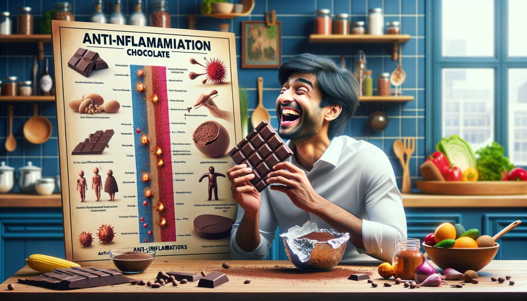 Imagine a humorous and realistic setting that showcases the benefits of anti-inflammatory chocolates. In this scene, a jovial South Asian male is seen thoroughly enjoying a rich and velvety anti-inflammatory chocolate. Beside him, there is an oversized, colorful chart showing various inflammation sources humorously being repelled by pieces of chocolate. The background is a bustling, homey kitchen full of nutritious ingredients. Hints of the theme are also subtly incorporated in the room's decor - with cocoa beans and tin foils scattered playfully. Remember to maintain a light-hearted and optimistic tone in the image.