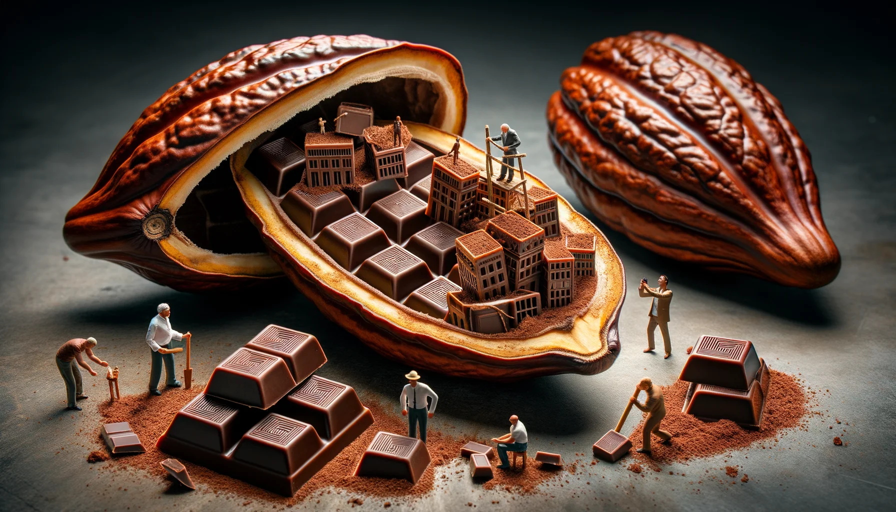 A humorous, realistic image, taken as though with a high-quality DSLR camera, depicting an unusual yet perfect scenario for artisan chocolates. Perhaps they're being worshiped by miniature people, used as precious building material in a tiny cityscape, or being dramatically revealed from within an ordinary cacao pod. The scene is creatively staged to highlight the crafted detail and appeal of these gourmet treats.