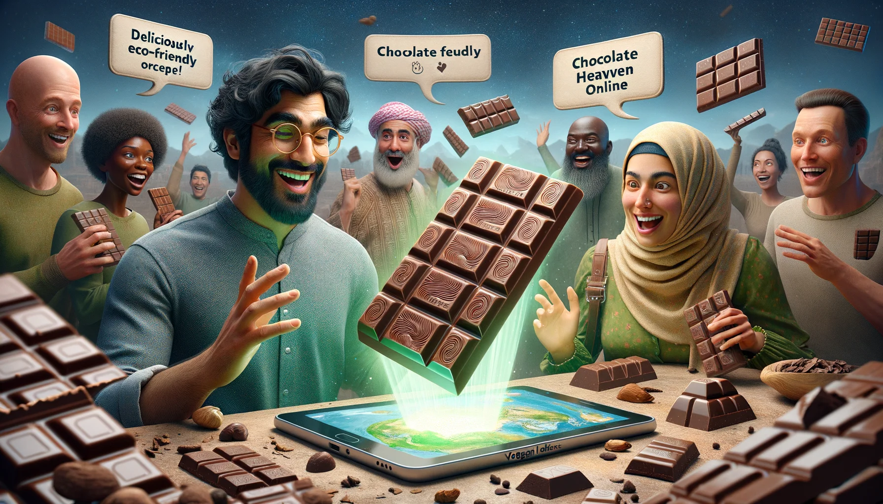 A humorous and realistic scene centered on artisan vegan chocolate bars. The image is set in a utopian world where every chocolate lover's dream comes true. In the scene, two characters of diverse descents, an Asian man and a Middle-Eastern woman, enthusiastically discover the vegan chocolate bars through a digital portal - signifying an online purchase. The bars are artistically crafted, but in a twist of comedy, they've got a few wonky shapes, for instance, one resembles a smiling face. Floating text bubbles around the scene display phrases such as 'Deliciously Eco-Friendly' and 'Chocolate Heaven Online' for an added touch of humor.