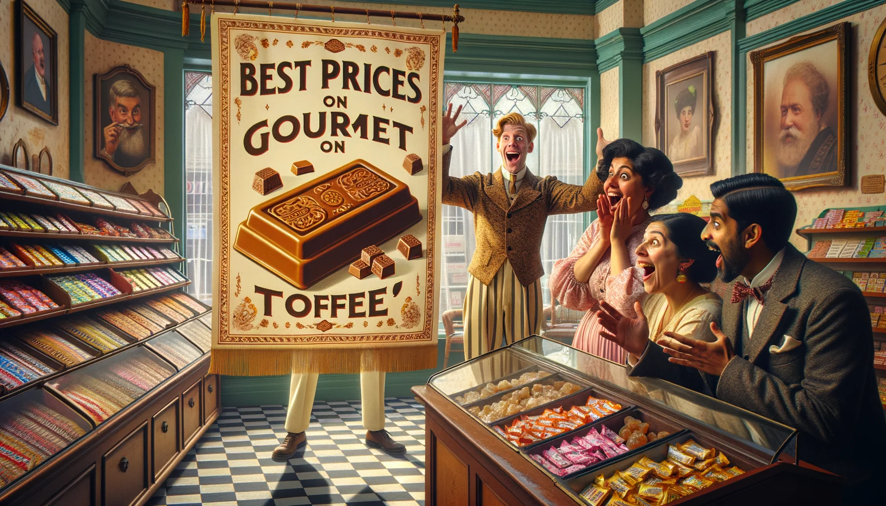 Imagine a humorously exaggerated scenario in a candy store. It's a sunlit afternoon with soft pastel colors setting the mood. An eccentric Caucasian shopkeeper, cheerfully dressed in a vintage outfit, is unveiling a grand 'Best Prices on Gourmet Toffee' banner. The banner is artistically garnished with detailed illustrations of toffees. Astonished customers, a surprised South Asian woman and a Hispanic man, are captured in the frame. Their faces reflect joyous shock. The cases full of candy in the background add to the ambient delight. The shop's ambience is reminiscent of the 1910s, with decorative elements unique for that era.