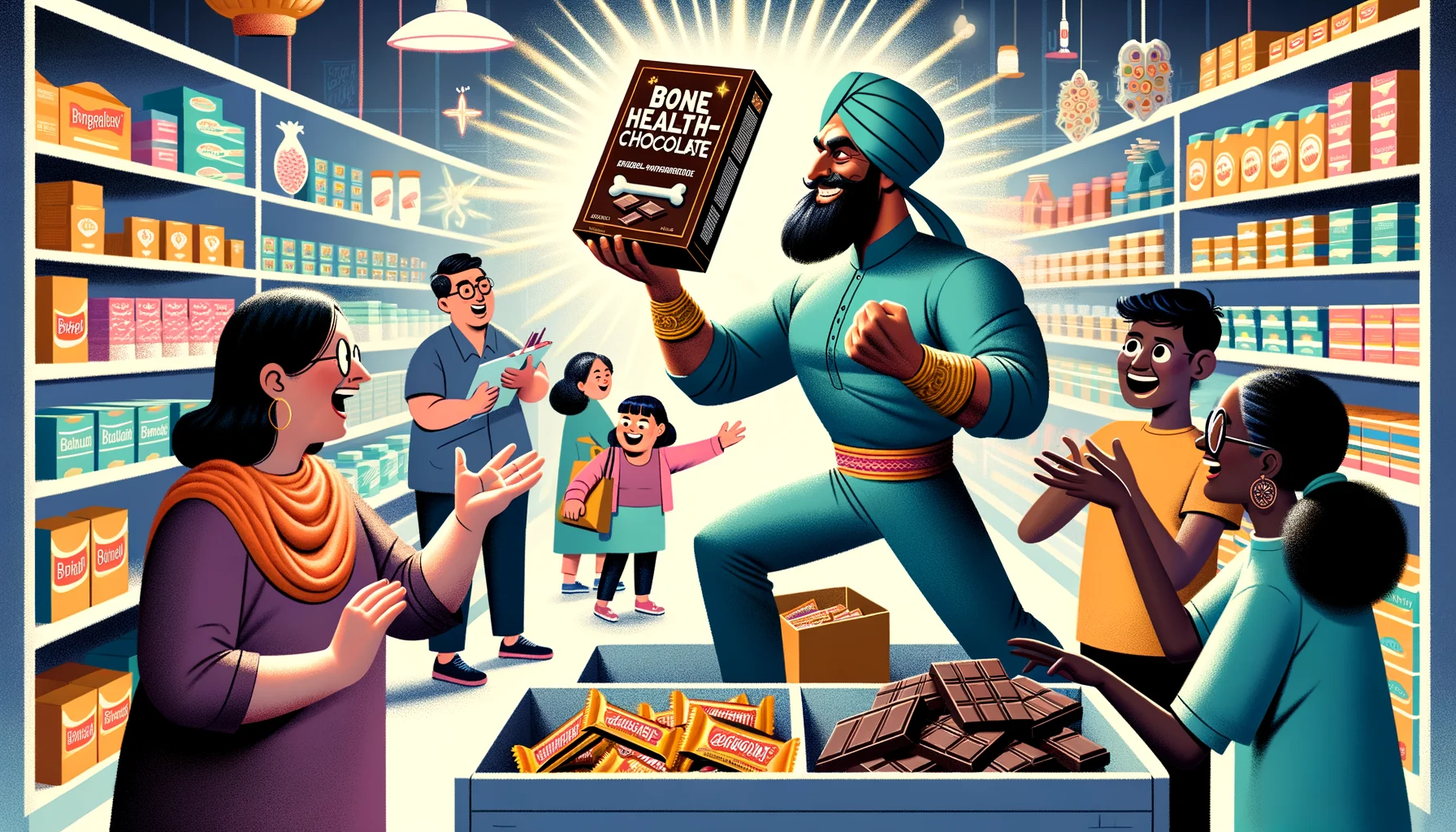A hilarious scene in a health food store, where a Caucasian woman and a Black man are selecting a box called 'Bone Health-Enhancing Chocolate'. The shop assistant, a Middle-Eastern man, is showing super-human strength by picking up heavy items with ease, indicating the effectiveness of the product. The box of chocolates is glowing, indicating it's healthy and magical. Other customers, such as a South Asian woman and a Hispanic boy, are reaching out for the box in a fun, exaggerated manner. The background includes shelves stacked with other healthy products.
