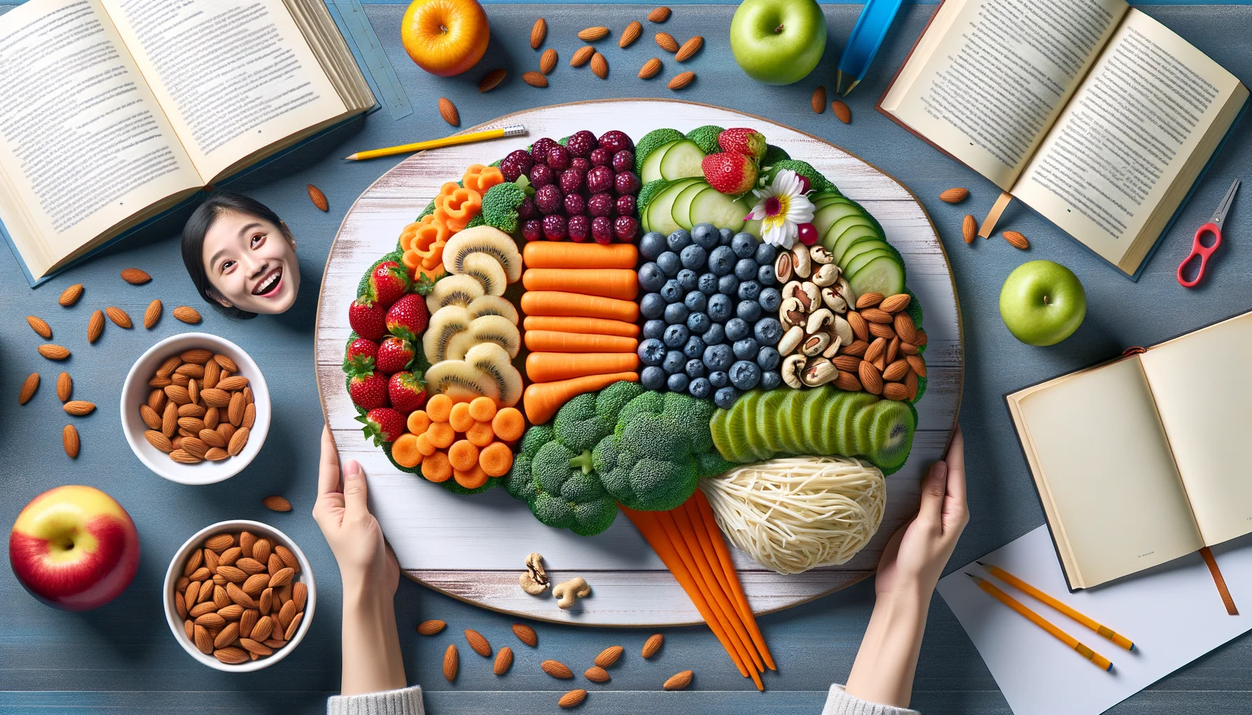 Create a humorous and realistic image of a brain-shaped platter filled with an assortment of brightly colored fruits, vegetables and nuts. On the platter, show a variety of snack options including blueberries, almonds, and baby carrots arranged in a highly organized pattern. Surrounding the platter, show several open books and school supplies, symbolizing the student environment. Nearby, feature a South Asian female student with a joyful expression, proudly presenting her brain-boosting snacks, while a Caucasian male student enthusiastically reaches for the healthy snacks, depicting the perfect scenario for brain-boosting healthy snacks for students.