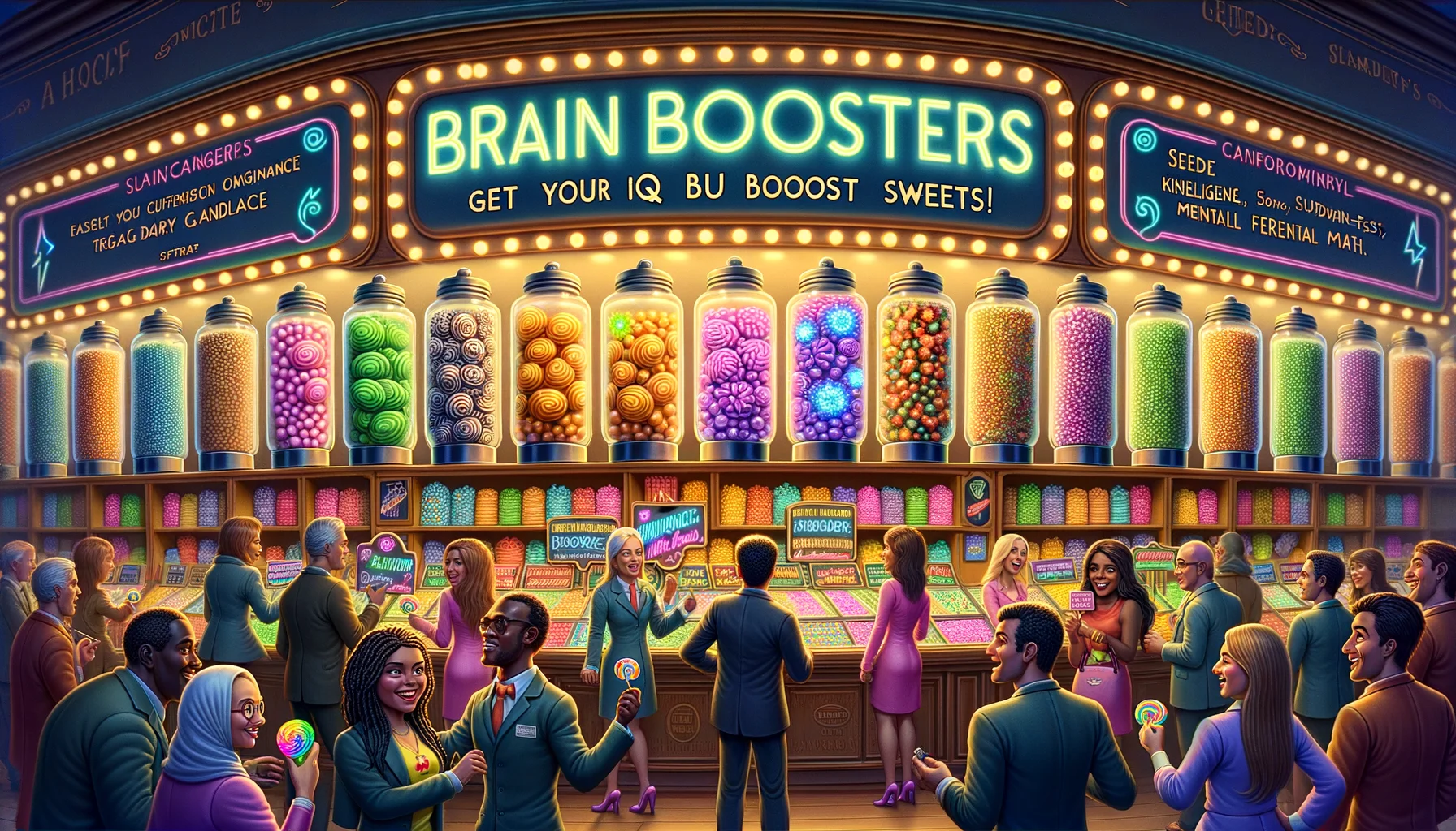 Envision a light-hearted humorous scene featuring 'Brain Function Enhancing Sweets'. The image presents a richly detailed candy store with shelves filled by jars of colorful luminous candy labeled 'Brain Boosters'. These candies sparkle with intelligence, creating an aura of knowledge around them. A mix of customers of differing descents (Black, Hispanic, Middle-Eastern, South Asian, and Caucasian), both male and female, are eagerly purchasing and tasting these candies. Some customers experience amusing effects after consuming the sweets, such as sudden fluency in multiple languages or lightning-fast mental math. The store signage is humorously exaggerated with phrases like 'Get your IQ boost here!', in softly glowing neon.