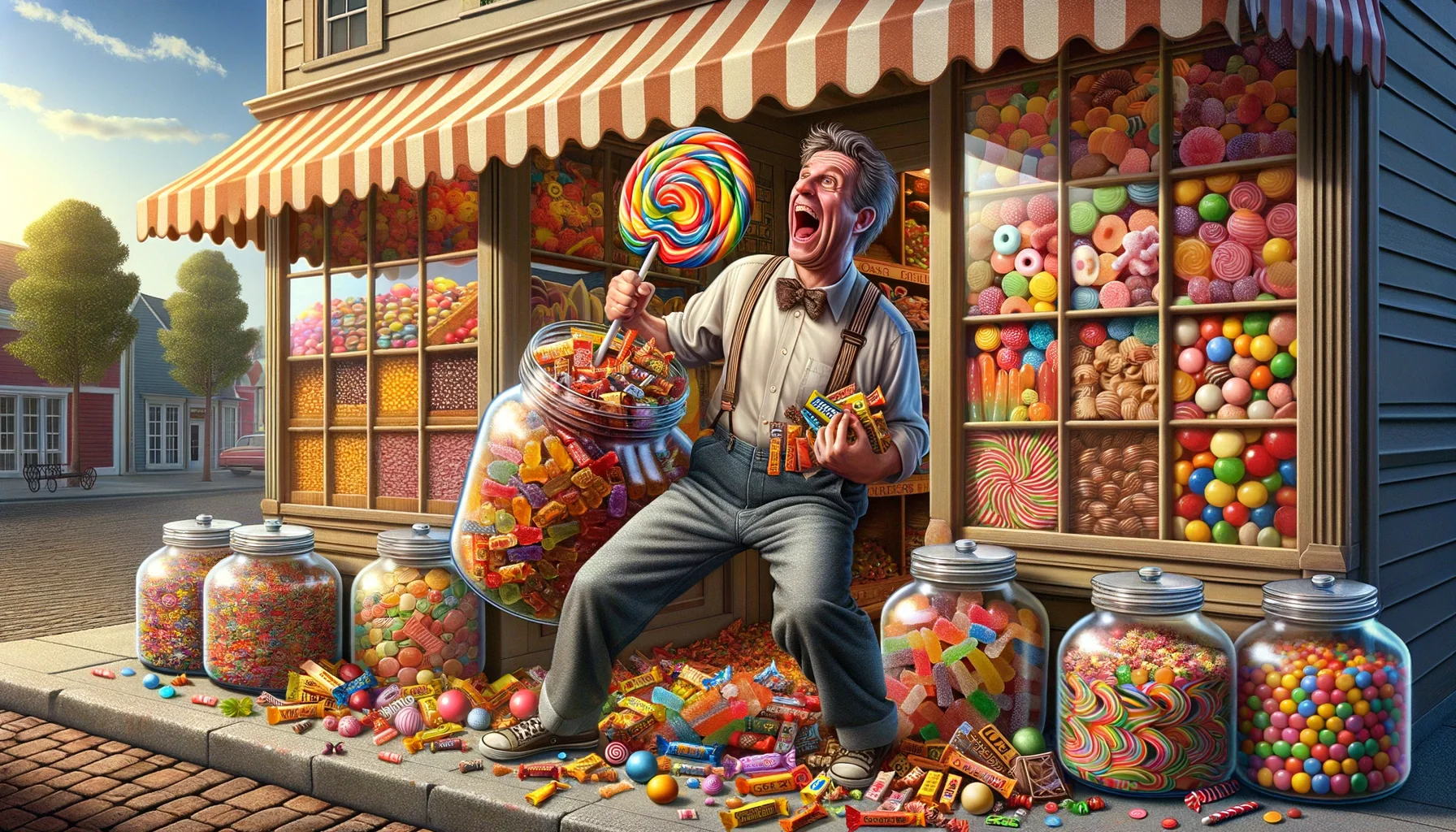 Construct a well-detailed, realistic and humorous image of a large quantity of candy. In this image, a variety of colourful sweets spills out from various oversized jars against a background of a charming old-time candy store, complete with wooden shelves and striped awnings. Each piece of candy is meticulously detailed, from shiny gummy bears to swirling lollipops. A spectator, a middle-aged Caucasian man with a child-like joy on his face, is excitedly marvelling at the sight in front of him. His pockets are bulging, hilariously overstuffed with sweets. He holds a massive colourful lollipop in one hand, which he enjoys with an enthusiastic lick.