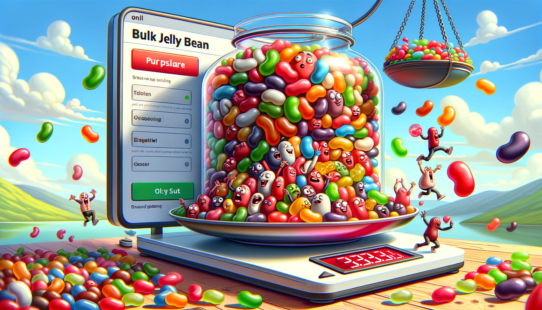 Envision a humorous and eye-catching scene for promoting bulk jelly bean purchases online. Depict a cartoon-style website banner featuring a large red click-to-purchase button and a colorful assortment of jelly beans overflowing from a gigantic glass jar. The jar should be precariously balanced on a digital scale, which is visibly buckling under the weight. A diverse array of anthropomorphic jelly beans hurries to climb into the jar, each showing hilarious facial expressions of determined effort, fear, or exuberance. The scene is bright and light-hearted, with popping colors and funny details that provide lots to look at.