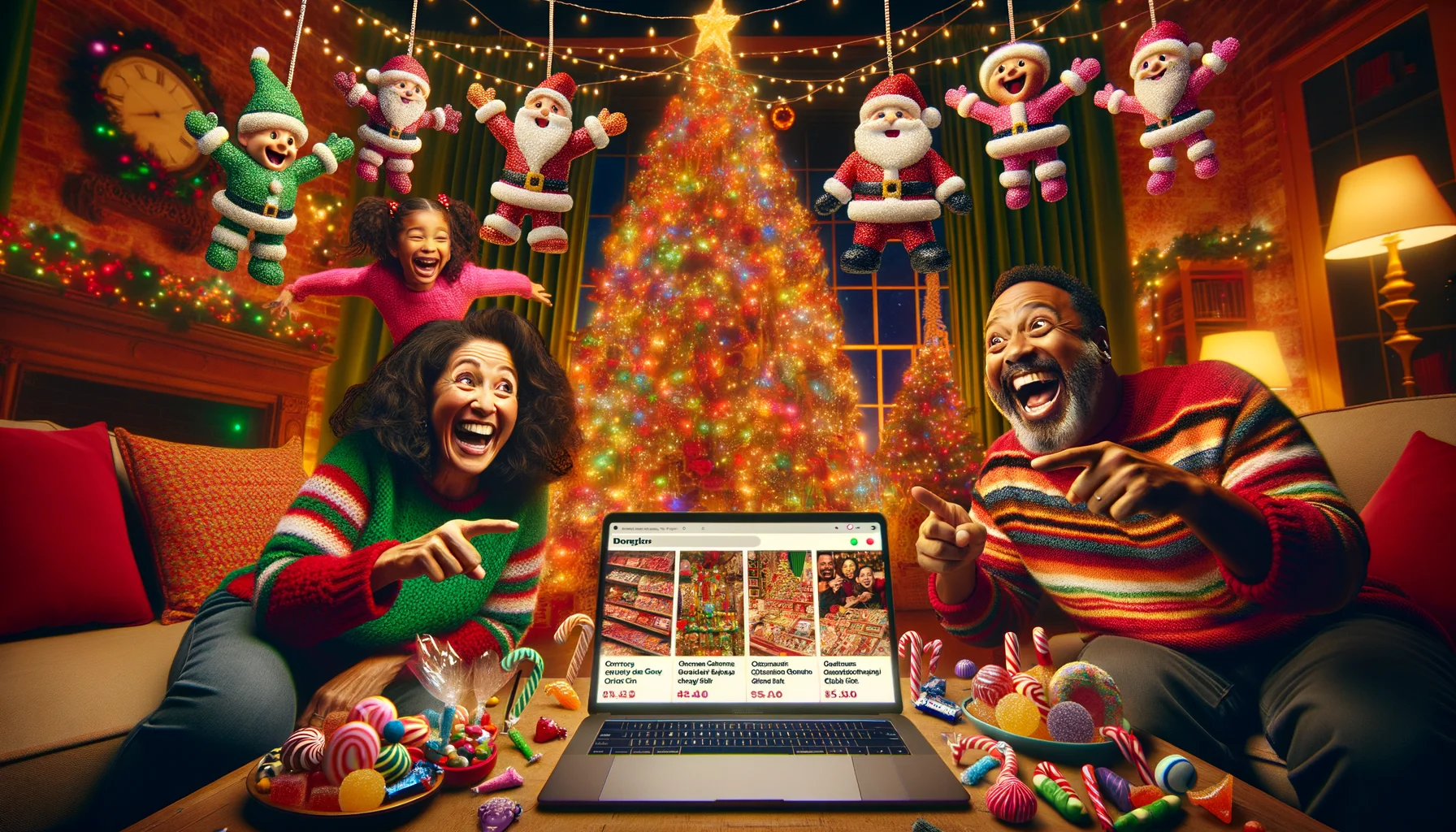 Imagine a joyous comedic scene showcasing the concept of purchasing Christmas-themed candy online. Picture a flamboyantly decorated Christmas tree in the background with string lights twinkling in various colors. Below the tree, there's a laptop opened on a website filled with vibrant images of festive candies like candy canes, chocolate Santas, and gumdrop ornaments. A family, including a middle-aged Hispanic woman, a South Asian man, and two children of mixed heritage, are laughing heartily as they point at the screen. Hovering around them are comical cartoons of candies with little arms and legs, jumping out from the screen into the physical room, adding a surreal, yet amusing touch to the scene.