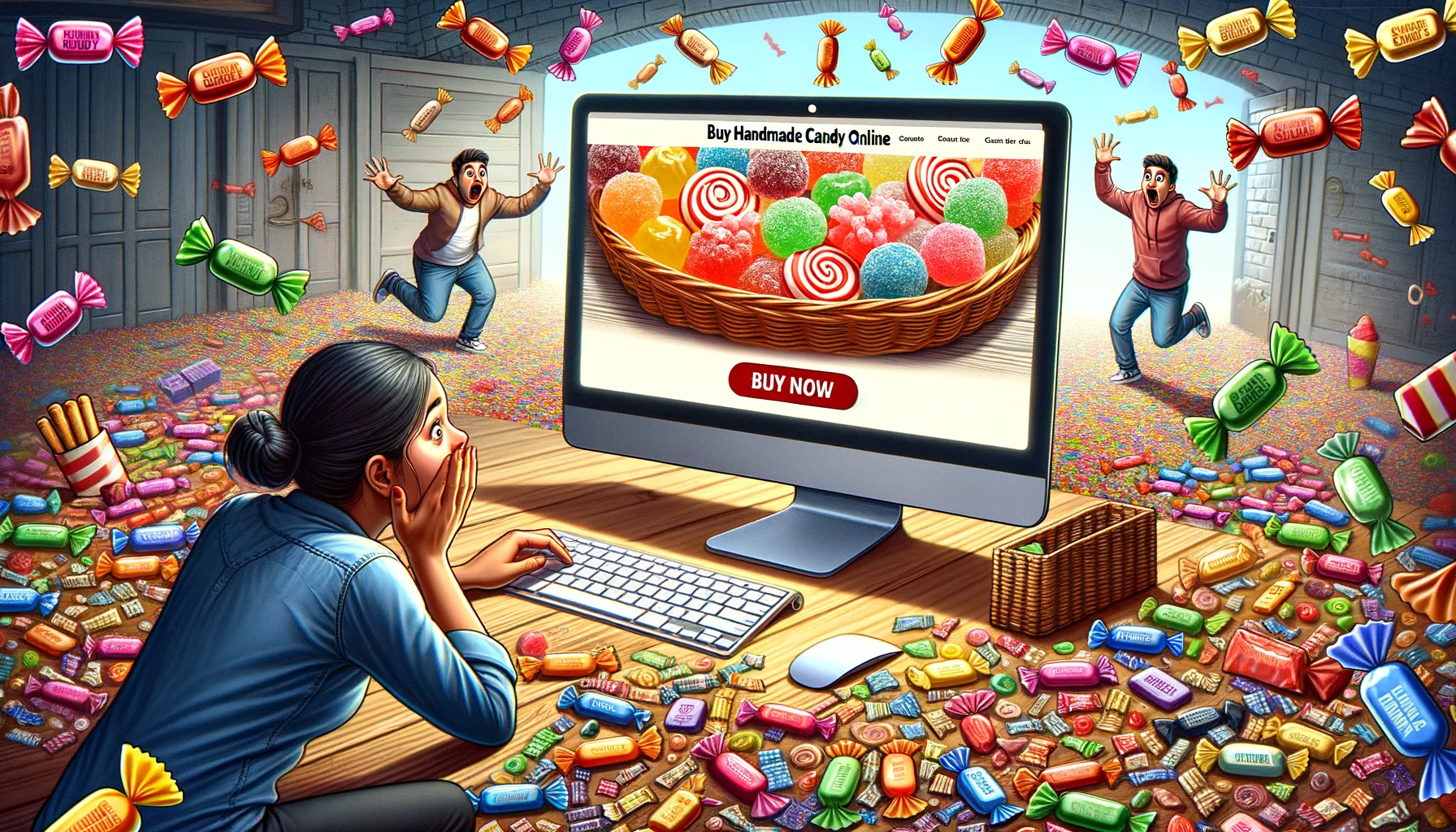 Imagine a humorous and realistic scene showcasing the concept of 'Buy Handmade Candy Online'. A bright and inviting pop-up website is in the center of the image. The website’s homepage displays an array of colorful, tempting handmade candies of various shapes and sizes that’s instantly catching attention. There's a giant red 'BUY NOW' button that's too big to ignore. Just next to the computer, there's a person of Hispanic descent, both surprised and delighted at the sight of the candy. Surrounding the computer is an extreme contrast - a chaotic room full of candy wrappers, showcasing the clear advantage of the online candy shop offer over traditional candy shopping.