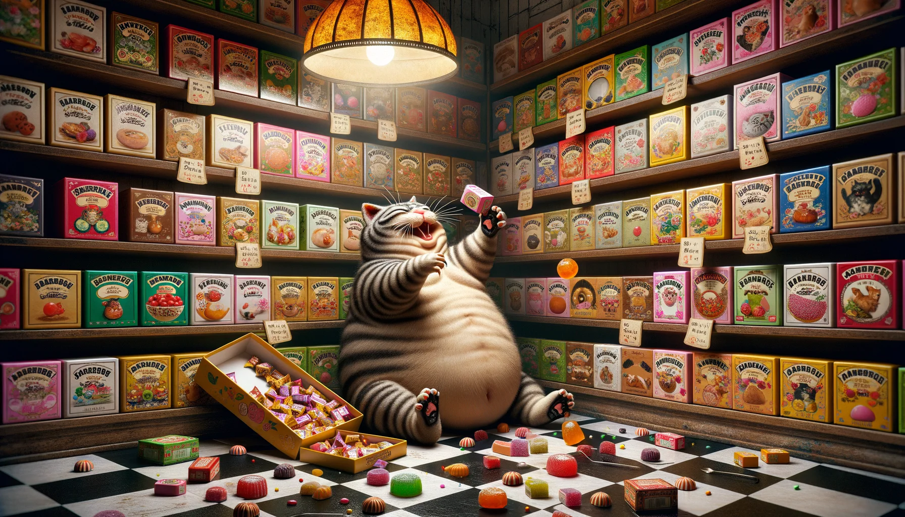 Imagine a humorous, photo-realistic scene set in a nostalgic candy store. The shelves are filled with colorful, unique candy boxes from Japan, each with decorative designs and vibrant illustrations. Front and center, a chubby tabby cat has managed to open a box, and it's hilariously trying to catch an escaping gummy with its paw. Candy wrappers are scattered across the checkered floor. Humorous little signs saying 'Buy Japanese Candy Boxes' are strategically placed all around the store, with one even hanging from the cat's tail. Bright light from an old-fashioned pendant lamp bathes the whole scene, making the candies glisten enticingly.