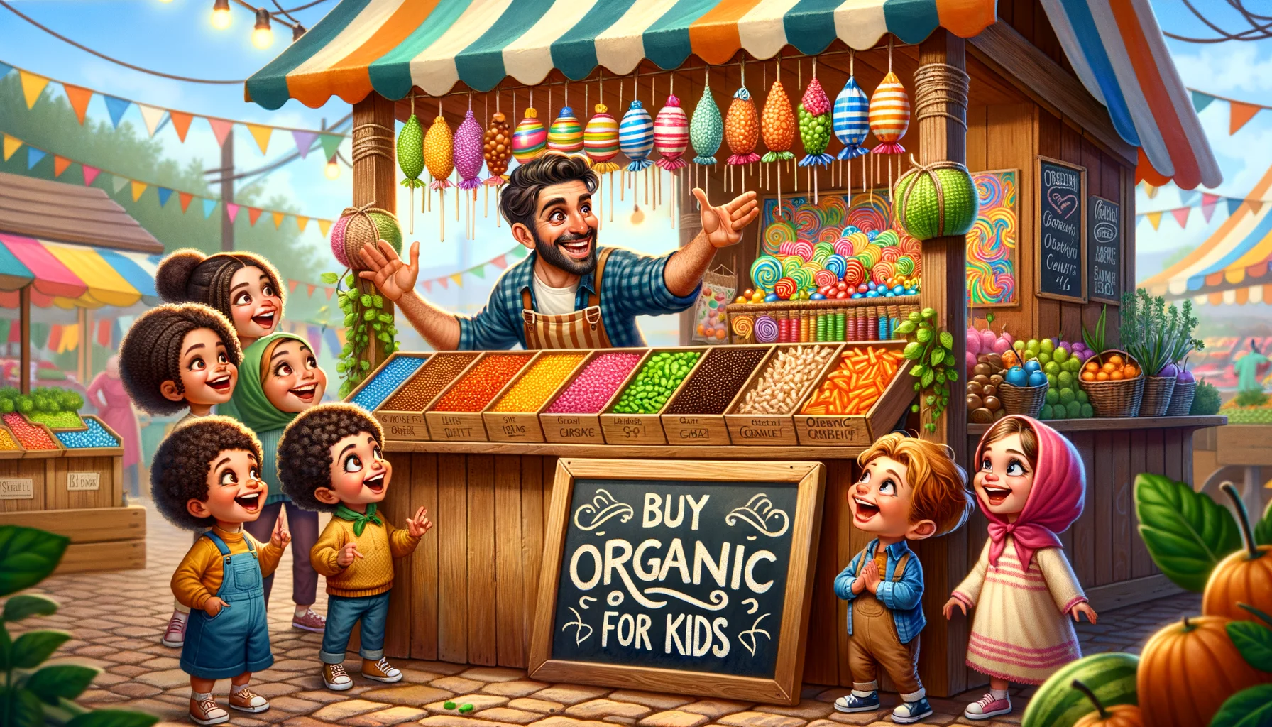 Create a humorous, realistic setting in a bustling colorful farmer's market. In this image, there's a hand-painted wooden stall meticulously designed with vibrant organic candies hanging in strings and bundles. A friendly Hispanic male vendor is enthusiastically advertising his products while kids of various descents and genders, like a Middle Eastern girl, a Caucasian boy and others, are marveling with wide-eyed amazement and laughter. A huge chalkboard sign, written with artistic flair, proudly proclaims 'Buy Organic Candy for Kids' catching the visitors' attention.