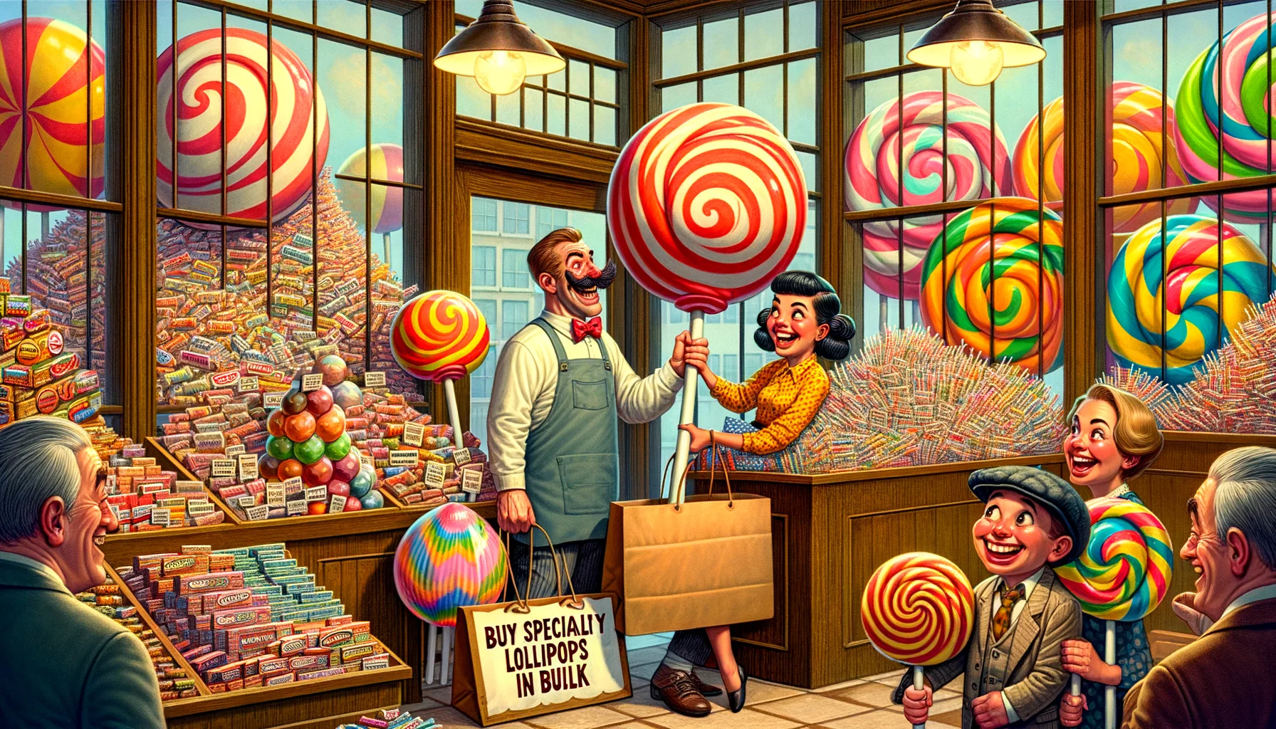 Imagine an unexpectedly amusing scene inside a vintage candy store. Stacks of brightly colored specialty lollipops are piled high on wooden shelves, and the store is packed with excited customers holding giant shopping bags. A Caucasian male shopkeeper with a comical mustache is happily striking a deal with a Middle-Eastern woman holding a gargantuan lollipop, as a South Asian child with a wide-eyed expression is peering up from a gigantic shopping bag brimming with lollipops. Outside the jolly glass-paneled shop, a quirky sign stands tall, displaying the text 'Buy Specialty Lollipops in Bulk' with cartoonish flourish.