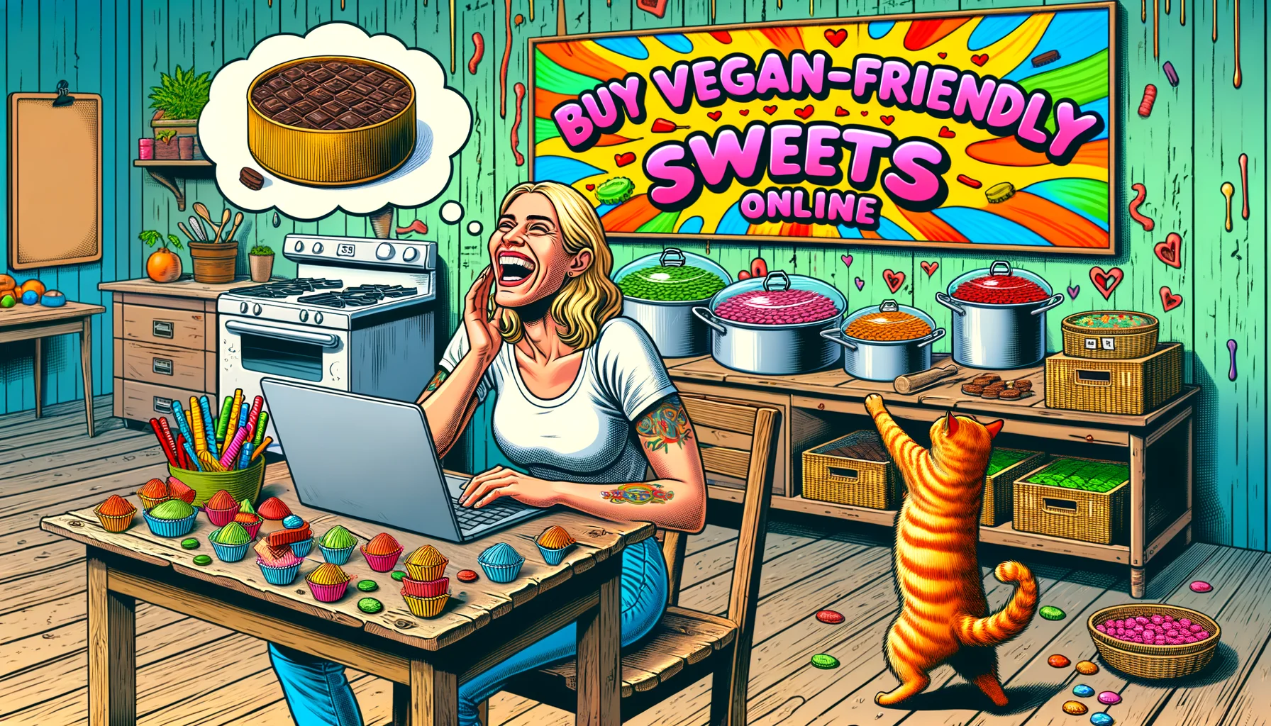 Imagine a comically perfect scene for online vegan-friendly sweets shopping. There's a caucasian woman in her 30s sitting at a rustic wooden desk, laughing heartily with a laptop screen displaying a colorful vegan sweets online store. Stacks of vegan-friendly sweets with readable 'Vegan-Friendly' labels are visible surrounding her. In the background, there's a kitchen filled with pots of delicious vegan sweets being prepared. An orange cat is trying to reach the sweets with a jovial expression. The phrase 'Buy Vegan-Friendly Sweets Online' is prominently displayed in vibrant graffiti-style letters.