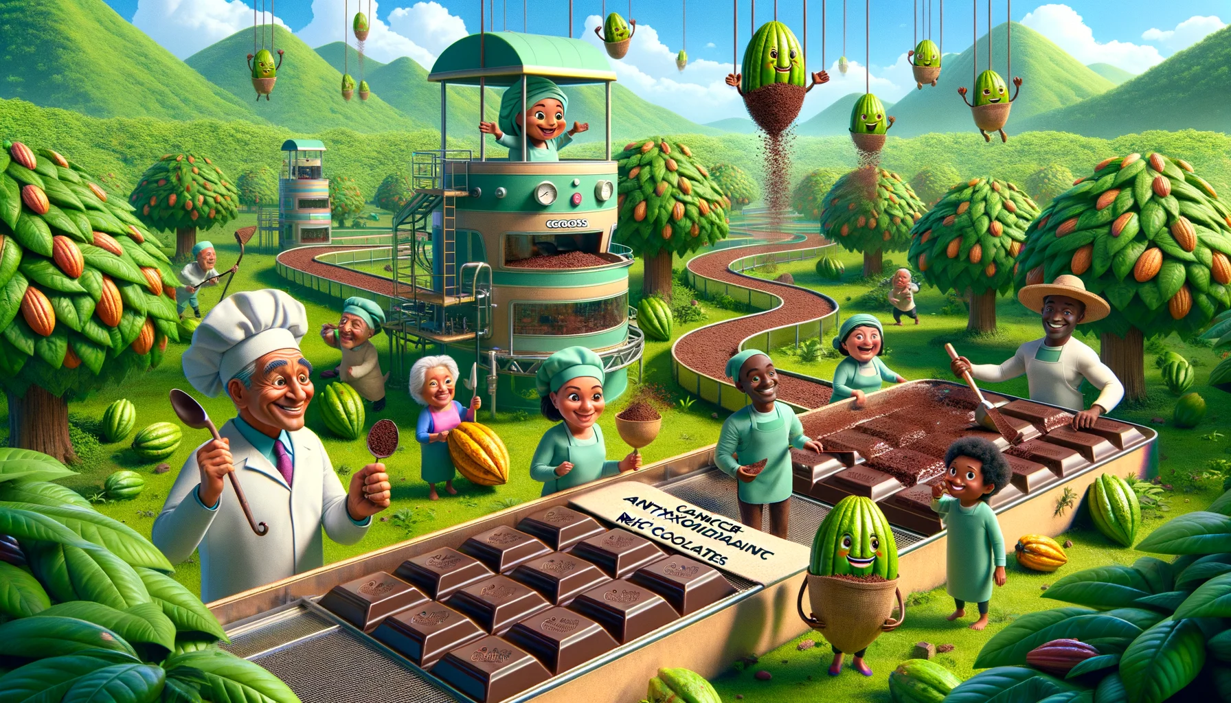 Imagine an amusing, realistic scene highlighting 'Cancer-Fighting Antioxidant Rich Chocolates'. A green, luscious garden filled with luxurious cocoa trees. On one side, a group of diverse individuals, an elderly Hispanic man, a young Asian woman, a middle-aged Black woman and a playful Caucasian boy, are diligently harvesting large cocoa pods. In the middle section, a fantastical assembly line is visible: cheerful machines process cocoa into dark chocolates. At the end of the line, fit in neat, gleaming wrapping labeled 'Cancer-Fighting Antioxidant Rich Chocolates', are chocolate bars. Descend from the sky are little cartoonish anti-cancer and antioxidant symbols, playfully interacting with the chocolates, implying their healthy nature.