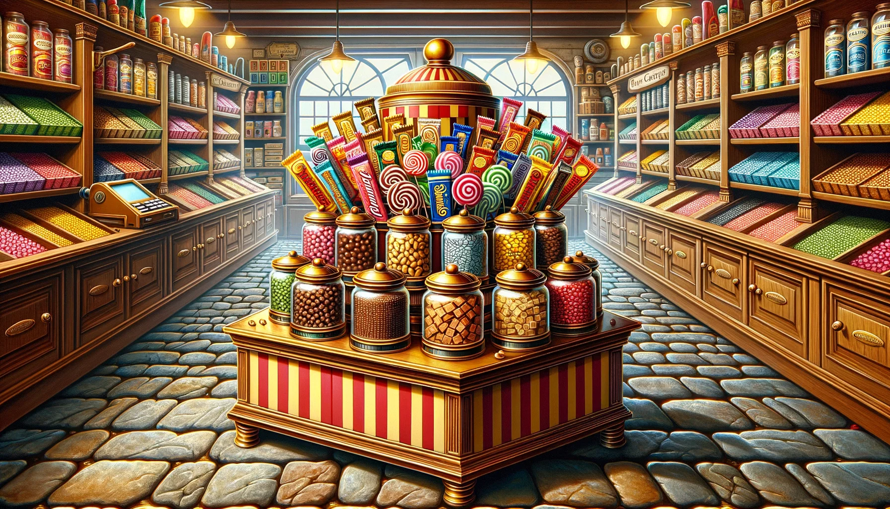 Picture a whimsical yet realistic setting. A candy shop with colourful jars filled with a variety of confectionery lined up on the wooden shelves, old-fashioned till at the counter and cobblestone flooring. The centrepiece of the setting is a bright, striped display stand showcasing assortment of candy bars. Each candy bar is perfectly wrapped in a shiny foil with a distinctive label. The shop is filled with an atmosphere of joy and delight, and you can almost smell the sweet aroma of chocolate, caramel, and nougat filling the air.