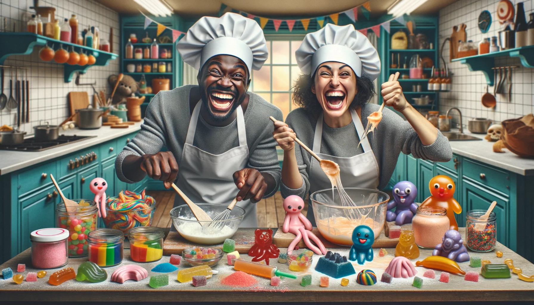 Create a humorous, realistic image that depicts a delightful scenario of 'Candy Crafting'. The scene is set in a brightly-lit kitchen filled with various candy-making equipment. A station is set up with ingredients like coloured sugars, gelatine, and flavorings. A Black man and a Hispanic woman, both wearing chef's aprons and funny hats, are joyfully making different shapes of candies, but their attempts are imperfect, leading to unusual shapes and uncontrollable laughter. On the table, there are candies in the shape of various creatures with misshapen bodies. Their delighted and infectious laughter fills up the room.