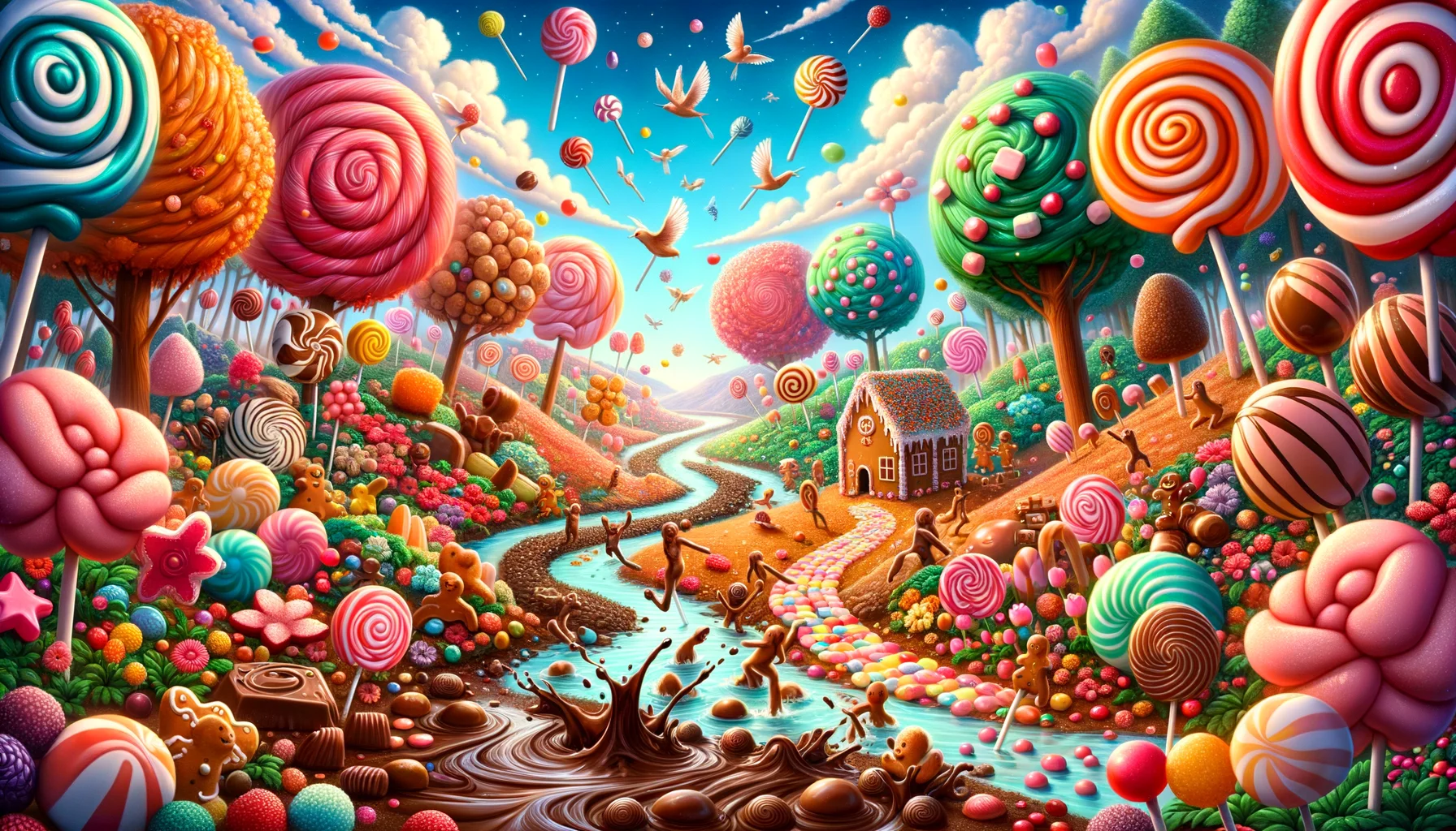 Imagine a surreal yet realistic scenario where lollipop trees and jellybean pathways come alive. Picture a whimsical landscape with chocolate rivers flowing across and marshmallow bushes dotting the scenery. Peppermint flowers are blooming under a sky filled with cotton candy clouds. Gumdrop birds are happily chirping while a gingerbread house is sitting snugly in the middle of the scene, as a symbol of homely warmth. Nearby, a group of people of various genders and descents are creating more candy decorations, laughing with pure joy with their hands sticky from candy floss. The scene is drenched in vibrant and luscious colors, creating an ambiance of sweet delight.
