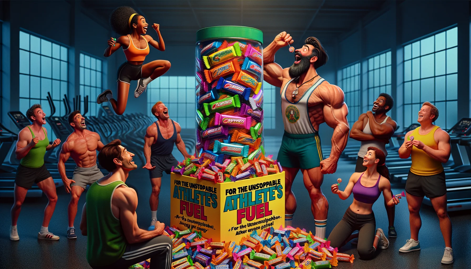 Imagine a lively, humorous scene taking place in a bustling gym. The central focus is a towering display of neon-colored and vibrant energy-enhancing candies, adorned with phrases like 'for the unstoppable athlete' and 'champion's fuel'. The onlookers, an eclectic mix of gender and descent, exhibit a range of reactions - from astonishment to amusement. A male Caucasian bodybuilder is examining the candy label with his muscles flexed and a surprised look, while a female Black sprinter is laughing, candy in hand. A South Asian yoga instructor is juggling a handful of candies with a grin, and a Middle-Eastern weightlifter is trying one with an expression of sheer joy.