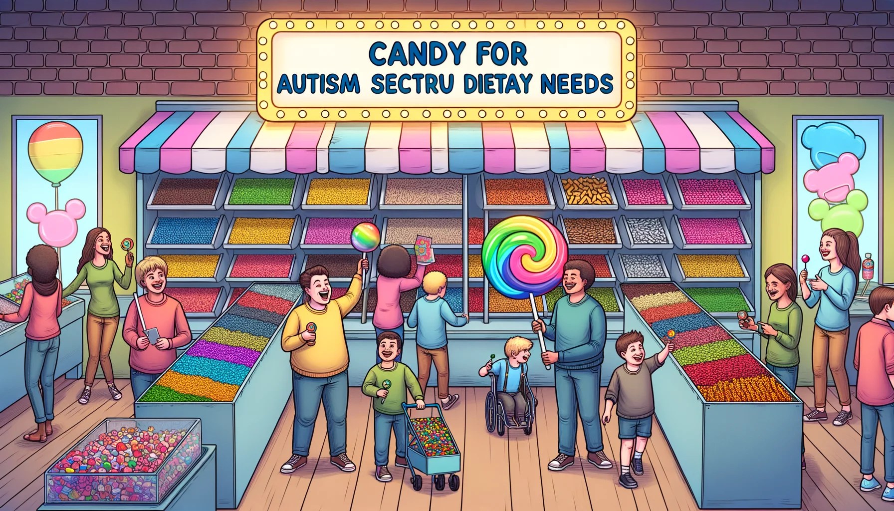 Imagine a humorous yet realistic scene displaying the perfect scenario for 'Candy for Autism Spectrum Dietary Needs'. Picture a brightly coloured candy store filled with various different types of candy, all labelled clearly to cater to different dietary needs. There are happy children and adults alike, finding joy in this inclusive environment. There are some who are doing funny, unexpected things like comparing the size of a giant lollipop to their own height or trying to stack gummy bears into a tower. All of this takes place under a neon sign that proudly beams the text, 'Candy for Autism Spectrum Dietary Needs'.