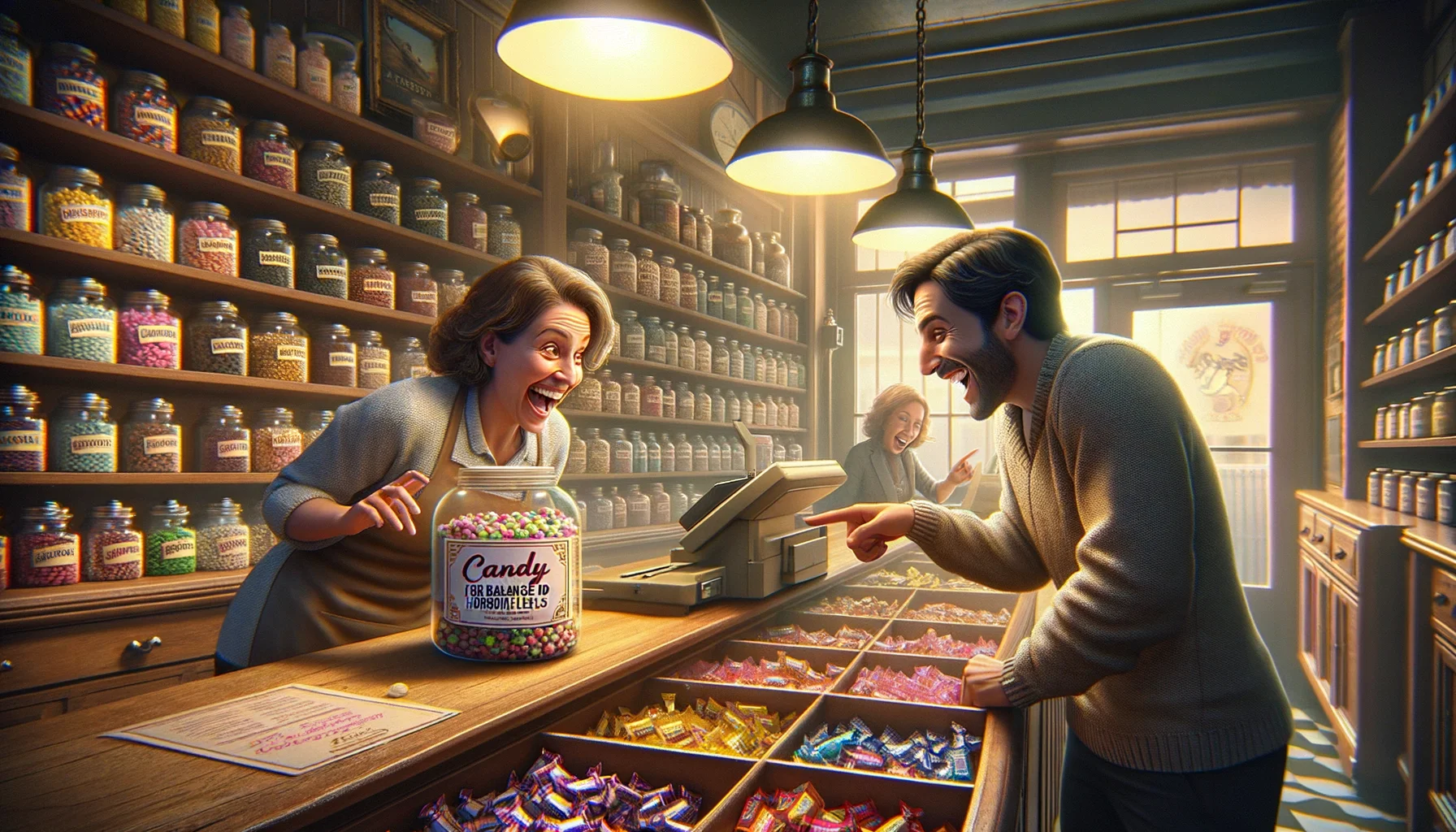 Imagine a humorous and realistic image that highlights a product labeled as 'Candy for Balanced Hormone Levels'. To create the perfect scenario, picture a pair of customers in a candy store. The first customer is a Hispanic male with a look of surprise and interest as he examines the product. The second customer is a Caucasian lady who is laughing and pointing at the candy with a wide grin on her face. Ambient light pleasantly floods the charming old-fashioned store, filled with glass jars and wooden shelves brimming with various brightly colored candies. The edge of the cash register peeking into the frame completes the scene.