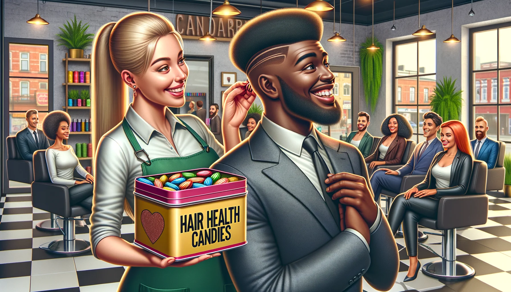 Create a humorous yet realistic scene showcasing 'Candy for Boosting Hair Health' in an ideal situation. Picture this: A female Caucasian hairdresser in a lively, urban salon presenting a vibrant tin labeled 'Hair Health Candies' to a delighted male Black customer with glossy, healthy hair that is styled to perfection. The salon is buzzing with other smartly dressed folks of different descents and genders, all eager to try this novel product. Relevance to hair health is evident by the presence of related products and signs around the salon.