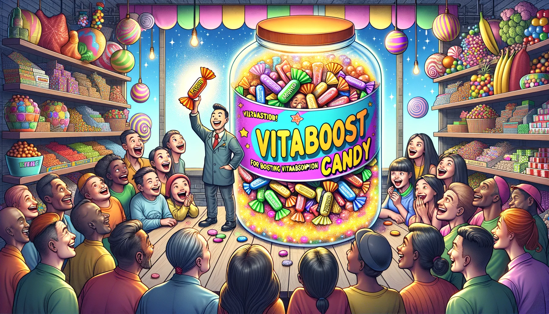 An imaginative yet comical depiction representing 'Candy for Boosting Vitamin Absorption'. Let's visualize a brightly colored candy shop with goodies of all shapes and sizes. In the centre of the shop, a gigantic jar labelled 'Vitaboost Candy' sparkles. There's a cartoon of a happy Southeast Asian male shopkeeper offering a candy from the jar to a joyful, Hispanic female customer. The candy itself illuminates with all the colors of a rainbow, symbolizing different vitamins. Spectating this scene could be a diverse group of people curiously peering at the jar, their faces a mix of amusement and intrigue.