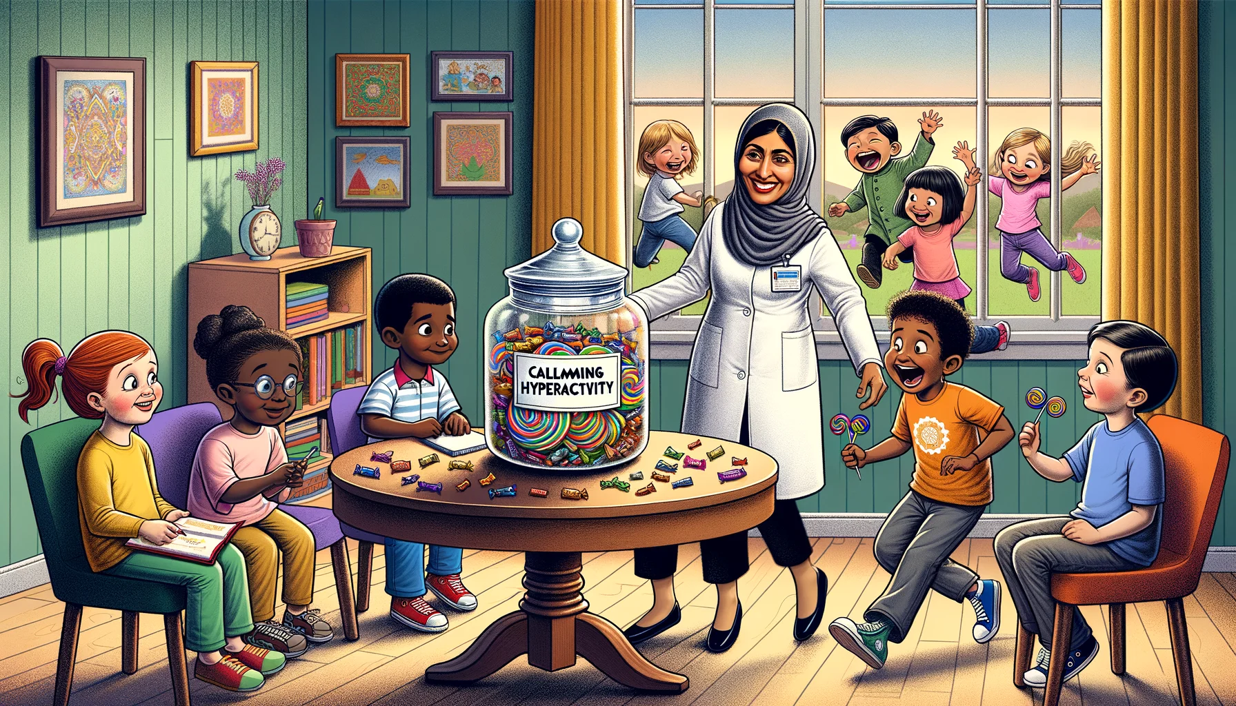 Depict a humorous yet realistic scene where children of different descents, two Caucasian boys, an Hispanic girl, a Middle-Eastern boy and a black girl, are hyperactive and hopping around a room decorated with bright colors. In the middle of this room stands a round table with a large transparent jar labeled 'Candy for Calming Hyperactivity'. A South Asian woman in a professional attire is smiling and handing out these special candies from the jar to the children. The children instantly calm down and can be seen sitting quietly, reading books and painting, with the candy in their hands.
