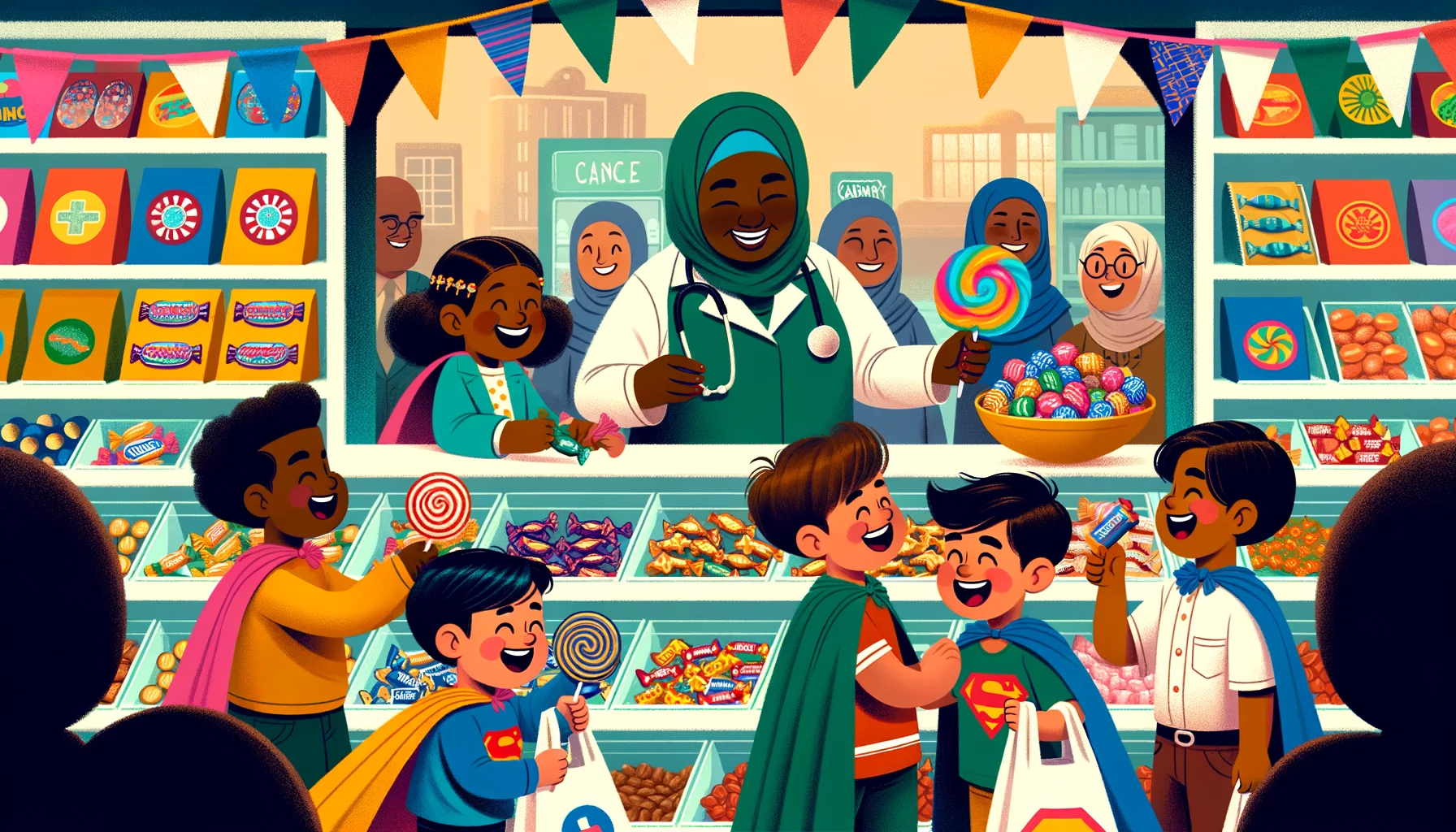 Picture a heartwarming and humorous scene at a candy store. A shelf is filled with an assortment of colorful candies, with a playful sign above it that reads 'Candy for Cancer Patients'. In front of the shelf stands a Black female nurse, she is handing out candies to children in different ethnicities who are wearing superhero capes. A South Asian boy is laughing while holding a rainbow-colored lollipop. A Middle-Eastern girl is grinning as she carries a bag of gummy bears. A Caucasian boy joyfully legs up as he gets a chocolate bar, and a Hispanic girl is giggling while getting her pack of colorful marshmallows.