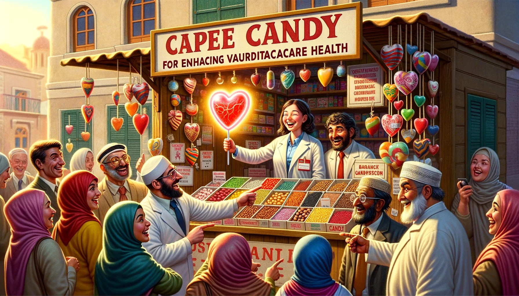 An amusingly realistic scene depicting a lively street fair stocked with colorful stalls. One special stall catches the eye - a whimsical booth labeled 'Candy for Enhancing Cardiovascular Health'. The booth operator is an enthusiastic Caucasian woman in a lab coat, holding up a luminous heart-shaped lollipop as though it's a miraculous invention. Local visitors of different descents and genders are reacting with various levels of disbelief and amusement. From a Middle-Eastern man chuckling heartily to a young South Asian girl pointing excitedly at the lollipop, the jovial atmosphere is contagious.
