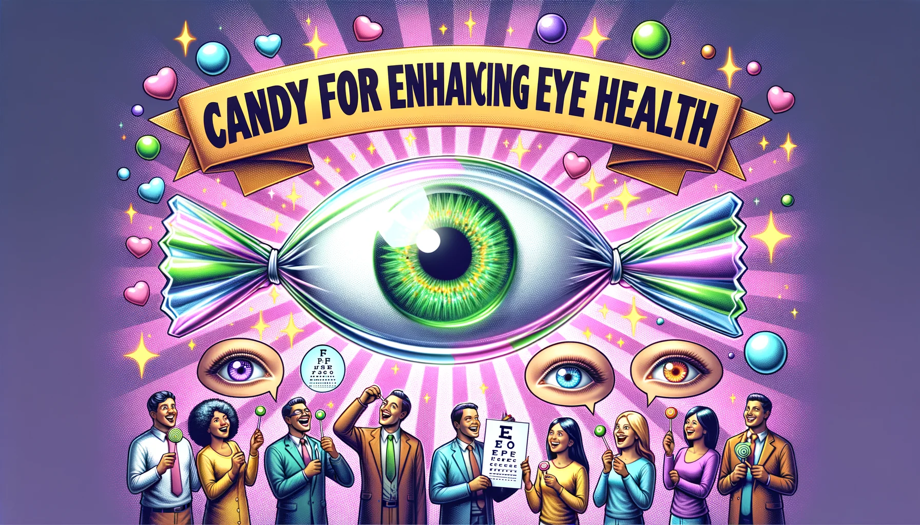 Generate a humorous and realistic image of an ideal situation, showcasing 'Candy for Enhancing Eye Health'. Imagine traditional hard candy, transparent and glowing with playful colors like purple and green. Around it, positive visual symbols for good eye health should be present, such as sparkling bright eyes and eyesight test charts looking clear as day. Also include happy people of various genders and descents eating these candies, their eyes twinkling with health and good vision. All this under a banner that reads 'Candy for Enhancing Eye Health', in bold bright letters.