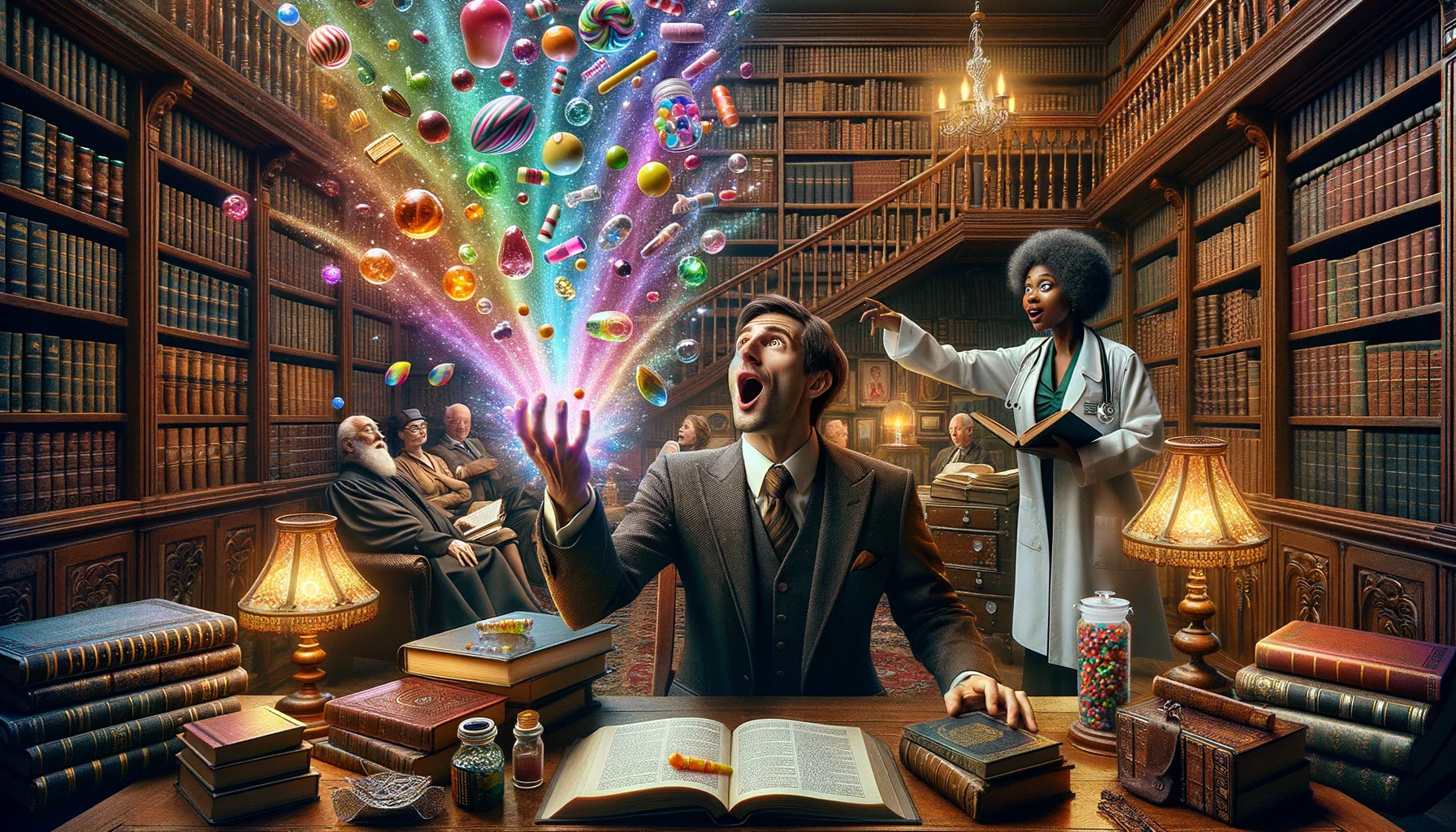 Imagine a humorously exaggerated, highly detailed scene centered around the concept of a 'Candy for Enhancing Focus and Concentration'. Picture an elaborate study room filled with a multitude of scholarly books, antique wooden furniture, vintage accents, and globally sourced ornaments. In the midst of this, see a Caucasian man in a sophisticated suit, engrossed in multiple books opened around him, while his hand reaches out to a sparkling, rainbow hued, magical candy placed in an ethereal container. Beside him, also reaching out for a candy is a Black woman in a doctors coat, deeply engrossed with various medical journals. Plot twists with eyes wide open in surprise as the candy seems to emit a glow signifying potential benefits.