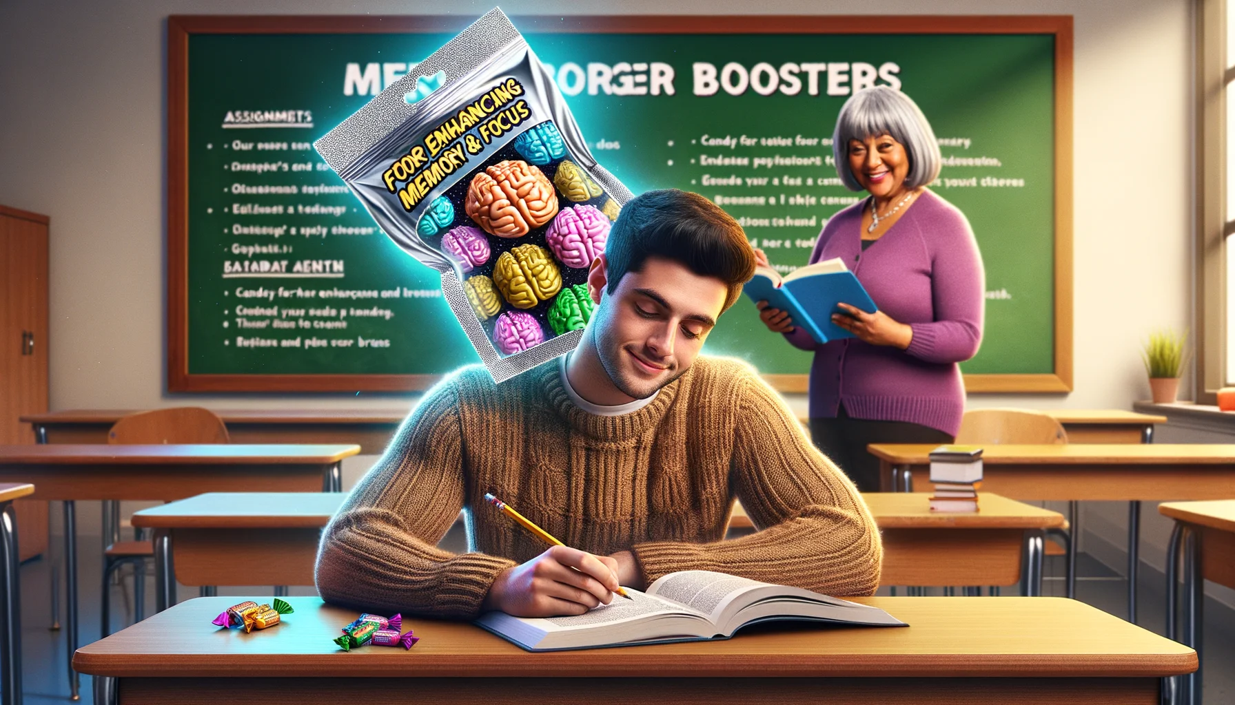 Create a comical yet realistic image of a study scenario embodying perfection. The scene displays a Hispanic student and a Black teacher in a neat, well-lit classroom. The student is engrossed in a thick book, while the teacher marks assignments with a content smile. Amidst this, an open packet of 'Candy for Enhancing Memory and Focus' stands out on the student's desk, with colourful candies popping out, each shaped like a brain. Their shimmering wrapper is grabbing everyone's attention. In the background, there's a chalkboard displaying 'Memory Boosters' with candy packets in place of the bullet points.