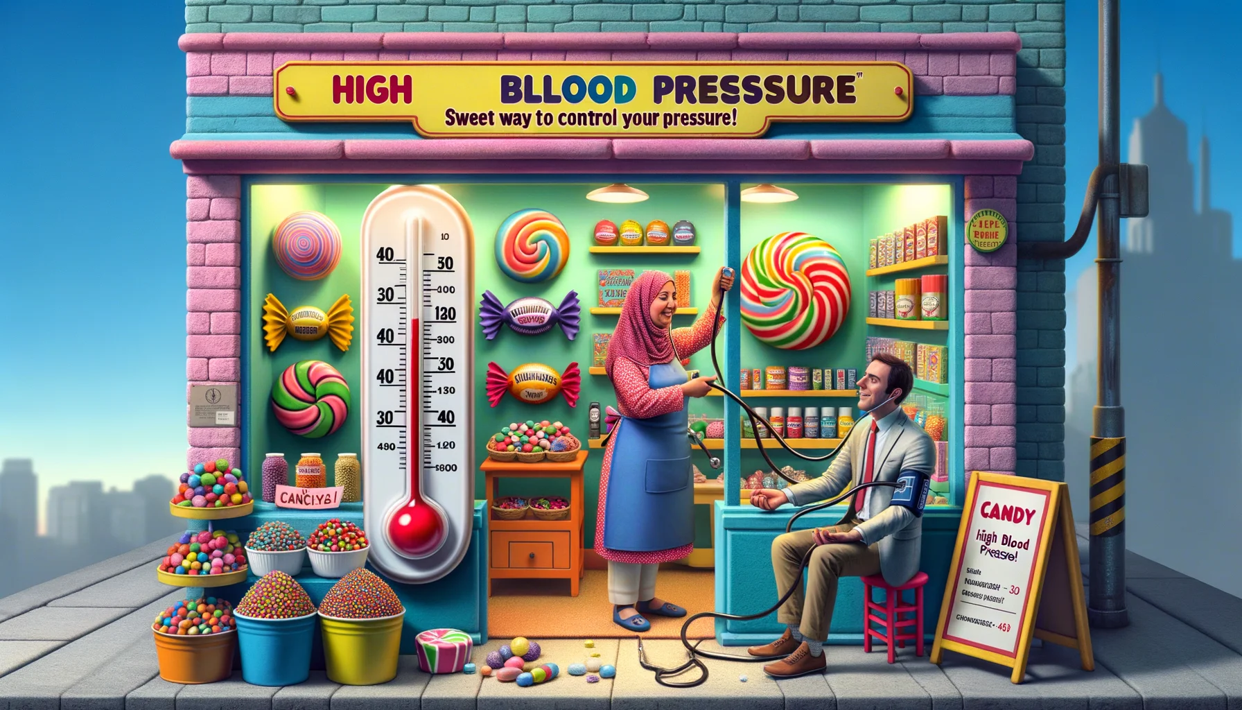 Create a humorous yet believable image illustrating the concept of 'Candy for High Blood Pressure Management'. Picture this: A small, vibrant candy shop owned by an ethnically Middle Eastern woman, filled with colorful candies labeled with playful medical terminologies. In the center, a life-size candy thermometer displays different 'pressure levels' and a Caucasian man is humorously using it to 'measure' his blood pressure after eating a piece of candy. A signage cleverly placed in the background reads, 'Sweet Way to Control Your Pressure!' capturing the whimsical nature of the scene.