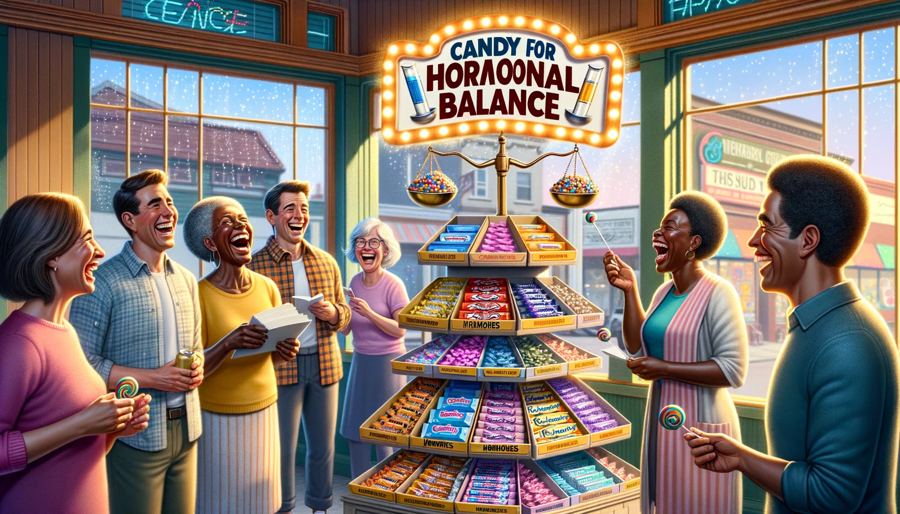 A humorous and highly detailed realistic scenario of a small local store. Laughing customers of various ages, genders, and descents are seen happily selecting candies from a tall, glowing display stand labeled in big, bold letters 'Candy for Hormonal Balance'. The candy boxes feature whimsical graphics of hormones around a balance scale indicating equilibrium. The store's light-hearted shopkeeper, a middle-aged Black woman, keeps refilling the choices like it’s her favorite task. Glittering sunshine beams through the window reflecting rainbow colors off the candy wrappers, adding a surreal touch to the scene.