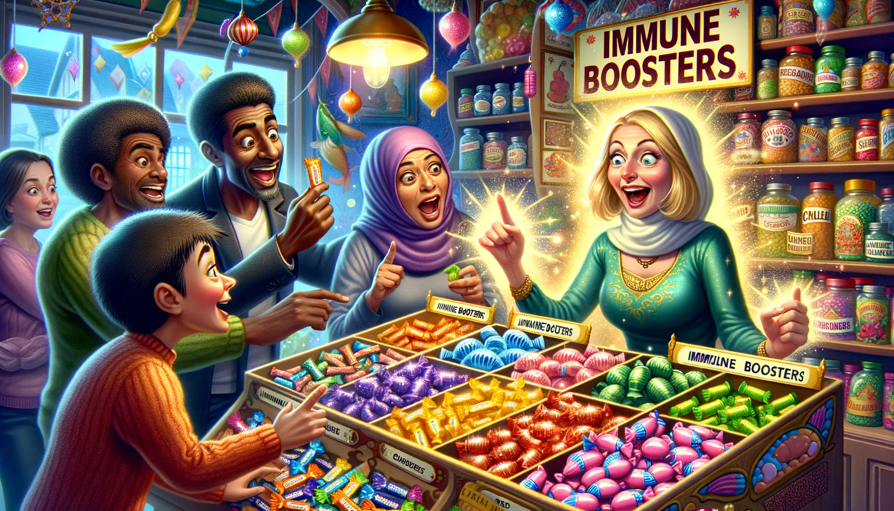 Create a humorous scene set in a whimsical candy shop. An enthusiastic South Asian female shopkeeper is presenting a bright, colourful assortment of candies labelled 'Immune Boosters'. They sparkle with an almost magical aura, making them appear even more appealing. Nearby, a Caucasian man is eagerly grabbing a handful with a broad, comical grin on his face, while a Black woman is cautiously but curiously examining another piece, skeptical but amused. In the corner of the shop, a Middle-Eastern child with wide-eyed wonder is excitedly pointing at the candies.