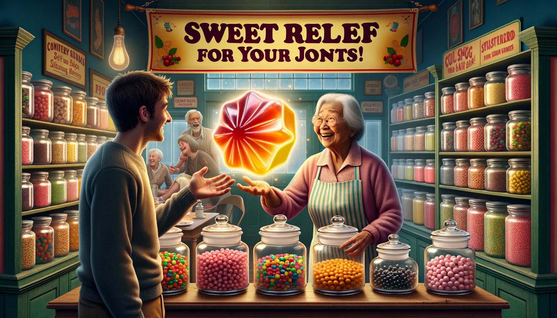 A humorous and realistic scenario where candy is being marketed for improving joint health. The setting is an old-fashioned candy store with walls lined with glass jars filled with various colorful and enticing candies. A candy shop owner, an elderly South Asian woman, and a youthful Caucasian customer are engaged in a lively conversation. The shop owner holds up a gleaming, fruit-inspired candy that glows as if imbued with magic. The tagline 'Sweet Relief for Your Joints!' is displayed prominently on the shop's banner in playful and bold letters, creating an ironical juxtaposition of childhood sweets and adult health concerns.