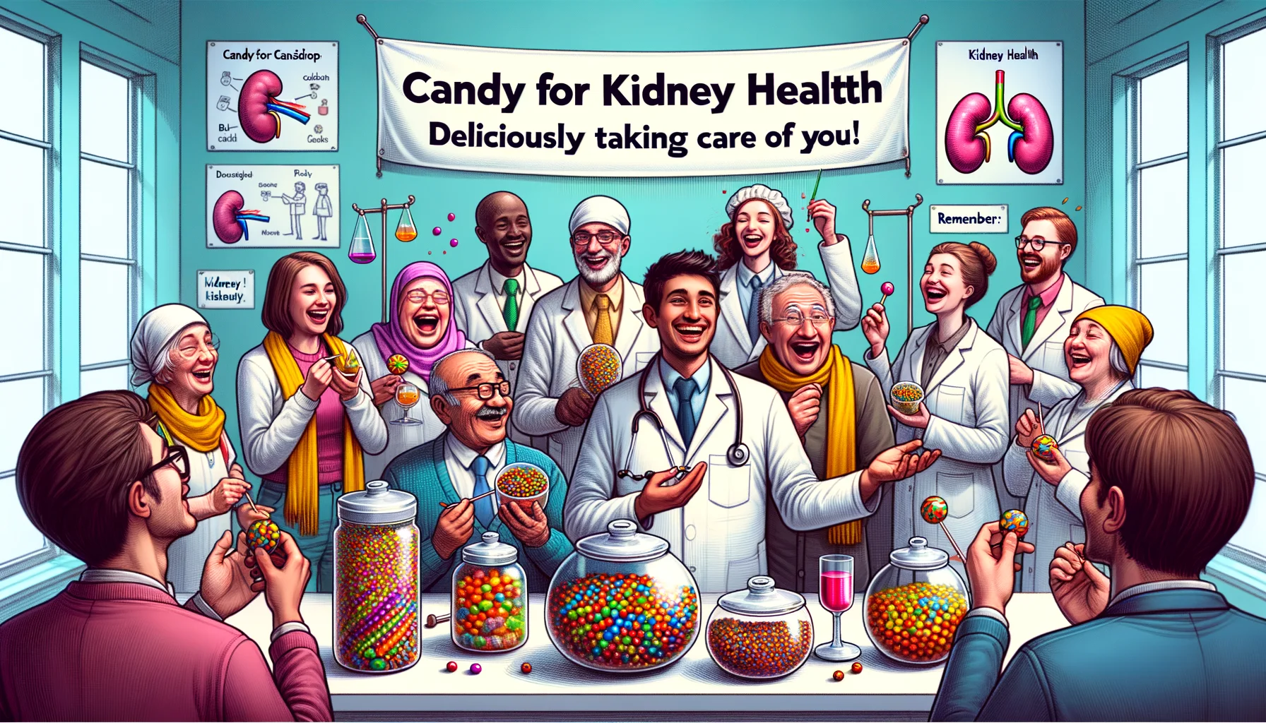 Create a humorous yet realistic illustration of a perfect scenario that promotes 'Candy for Kidney Health'. The image should depict diverse people of different descents such as Caucasian, Black, Middle-Eastern, and South Asian and varying genders, both males and females. Sketch these people enjoying and sharing brightly colored, fancy-looking kidney health candies in a safe and clean environment. Throw in a backdrop of a science lab or medical setting to add an aura of authenticity. Remember, these candies are meant to portray their vital role in kidney health. Include a catchy visual slogan that reads 'Candy for Kidney Health: Deliciously taking care of you!'