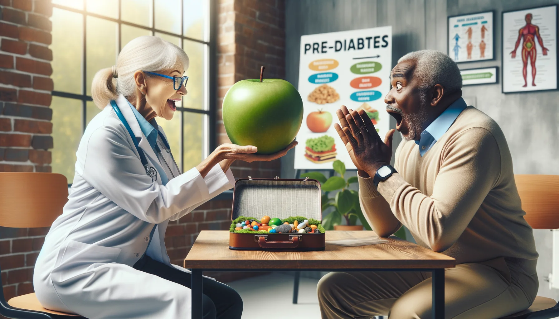 Whimsical and cheeky image of a perfectly set-up scenario where an elderly Caucasian female with a lab coat, symbolizing a nutritionist, is seen holding up a large, glossy green apple and passionately explaining to a skeptical middle-aged Black male. The apple is labeled 'Candy for Pre-Diabetes '. They're in a cozy consultation room filled with natural light, creating a soft ambiance. On the background wall, there's a colorful chart showing healthy food options. The man on the other hand opens a lunchbox that's shockingly filled with actual candies, showcasing his previous misconceptions about managing pre-diabetes.