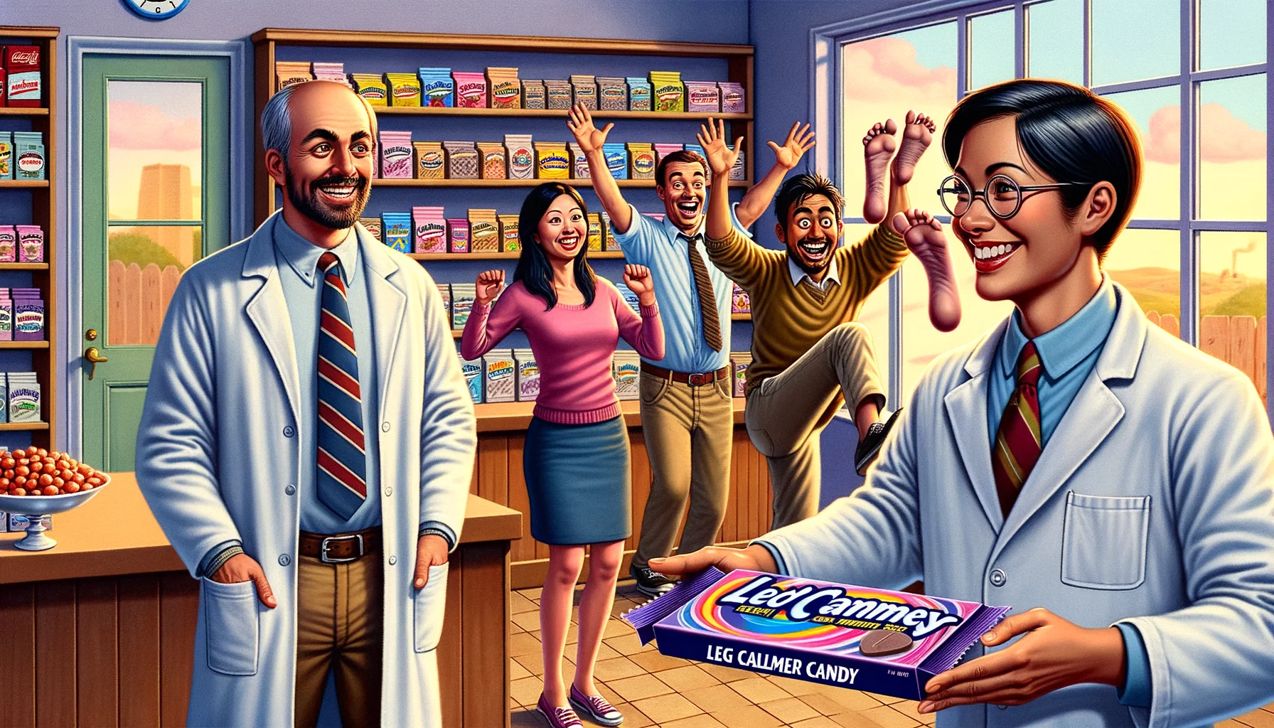 A delightfully humorous image depicting a humorous yet appropriate situation. Imagine a cozy pharmacy with shelves stacked with a variety of candies. In the foreground, a Caucasian male pharmacist is handing out candy to a South Asian woman, while a cheerful Hispanic man and a Middle-Eastern girl standing behind in line with a hopeful expression. The candy packaging labelled with a playful, bold title 'Leg Calmer Candy'. However, in a gentle comedic twist to the scene, we see a vigorous pair of cartoon legs leaping out from logo illustrating the concept of 'Restless Leg Syndrome'.
