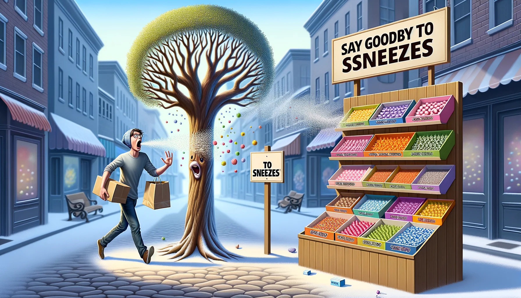Imagine an amusingly realistic scenario that adeptly illustrates the concept of 'Candy for Managing Seasonal Allergies'. Frame a display of vibrant candy boxes under a banner saying 'Say Goodbye to Sneezes'. Amidst them stands an elegantly caricatured tree sprinkling its pollen with one branch while holding its own box of candy in the other. Near the tree, visualize a person of Caucasian descent, a customer, with wide eyes and mouth agape in surprise, holding a box of candy in one hand and a tissue in the other, about to burst into laughter. Nailed to the tree, depict an image of a before and after scene of a sneezing and smiling face.