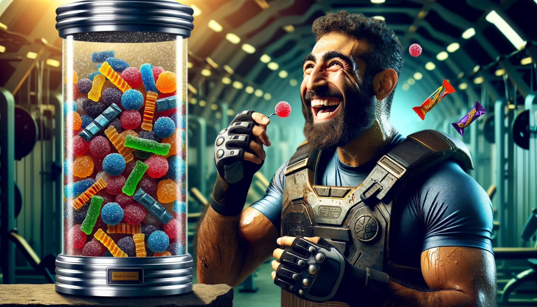 Imagine a laugh-inducing scene where a Middle-Eastern male athlete is finishing up his intense workout in a well-equipped gym. He's radiating with sweat, realism encapsulating the scene, weightlifting gloves still on. Instead of reaching for a protein shake, he opens a glittering, oversized, colourful candy jar filled with a variety of delicious gummy candies and chocolate bars. His gleeful face contrasts with the seriousness of his muscular physique, and the surrounding gym environment.